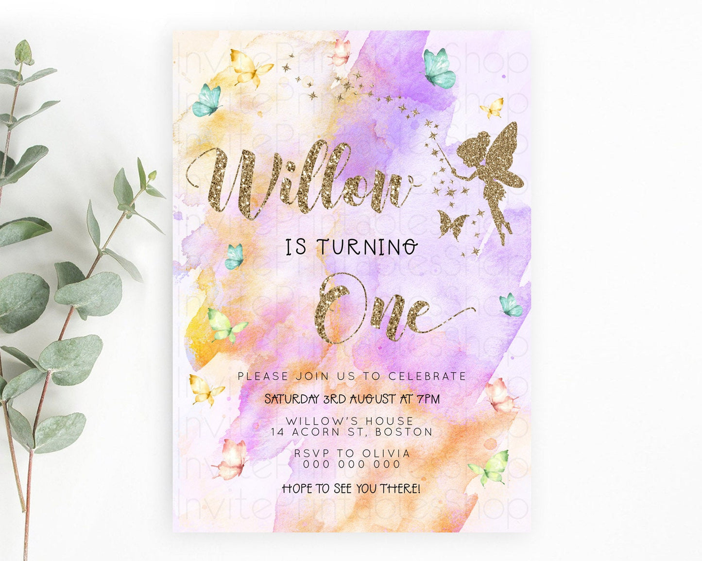 Pastel Fairy Birthday Invitation Pastel Butterflies Fairy Birthday Invitation Rainbow Ombre Watercolor 1st 2nd Birthday Invitation D23347