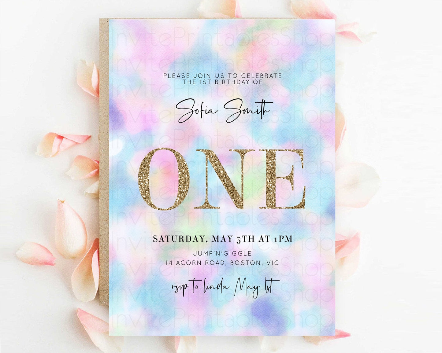 Rainbow Birthday Invitation Colorful Pastel Watercolor Invitation Gold Glitter Sprinkles Ombre Pastel 1st 2nd 3rd Birthday D10694