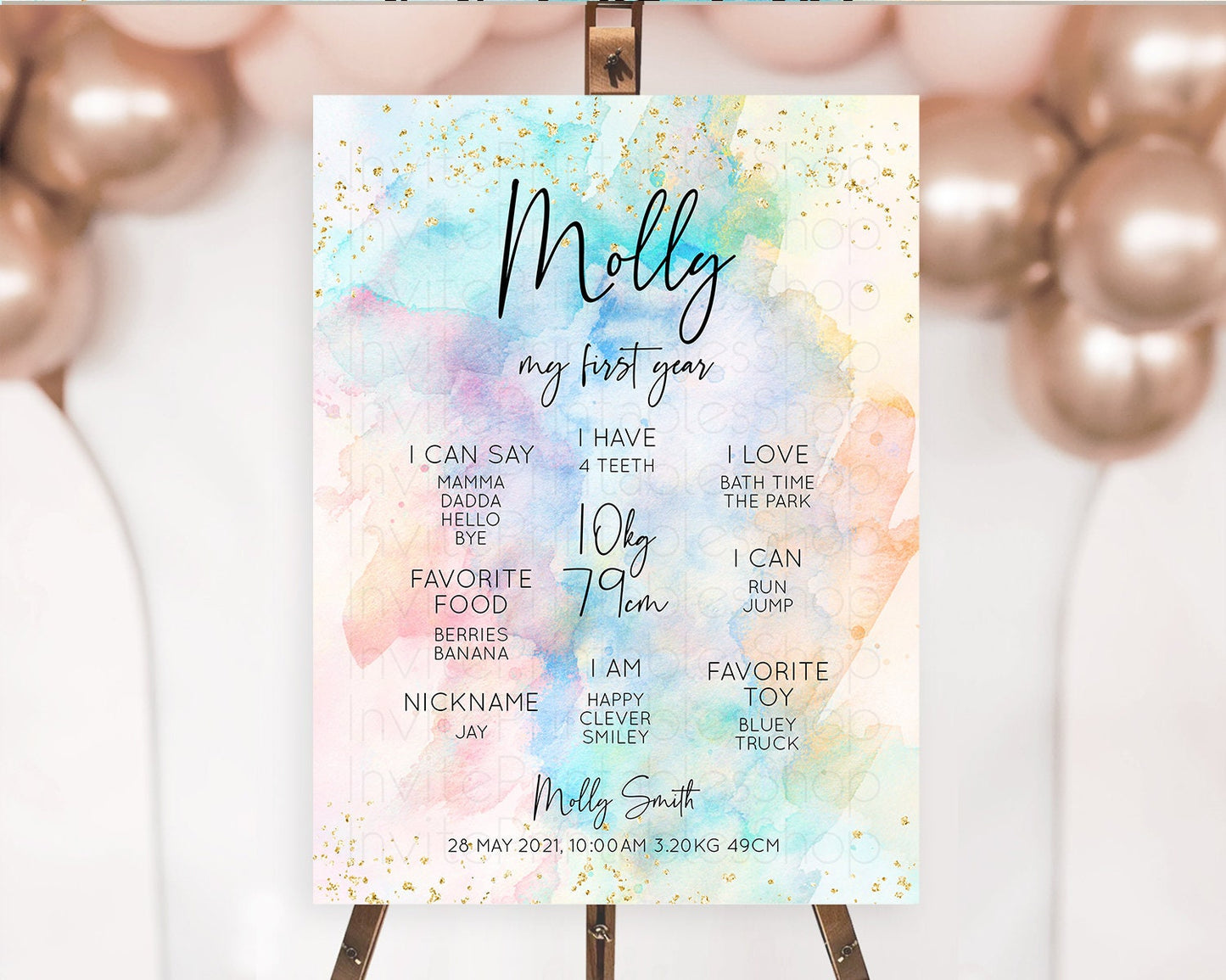 Pastel First Birthday Milestone Board Pastel Rainbow Milestone Poster Colorful Confetti Watercolor Glitter 1st Birthday Welcome Sign D10260