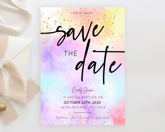 Editable Pastel Save The Date Template Pastel Ombre Rainbow Watercolor Color