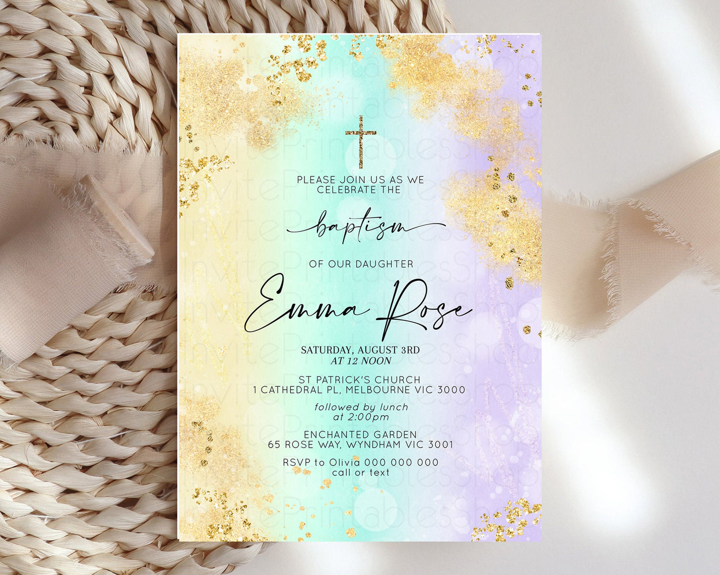Pastel Baptism Invitation Rainbow Christening Invitation Holy Communion Invite Baptism 1st Birthday Sprinkles Ombre Watercolor Splash 706