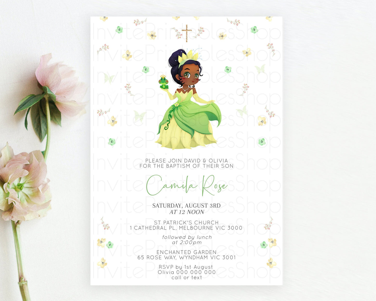 Princess Baptism Invitation Enchanted Castle Baptism 1st Birthday Invitation Royal Party Pastel Floral Secret Garden Christening D10348