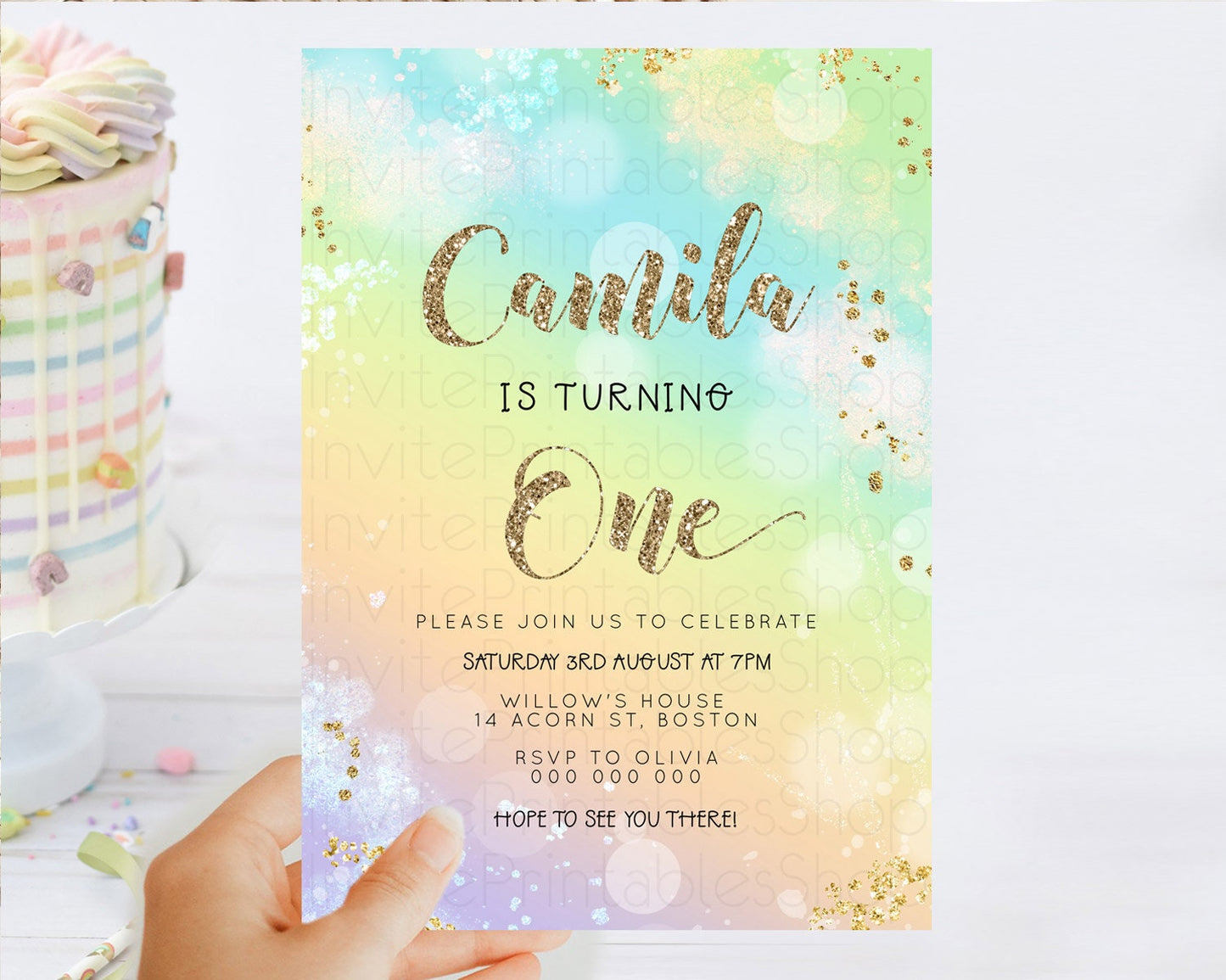 Rainbow Birthday Invitation Colorful Pastel Watercolor Invitation Gold Glitter Sprinkles Ombre Pastel 1st 2nd 3rd Birthday D23119