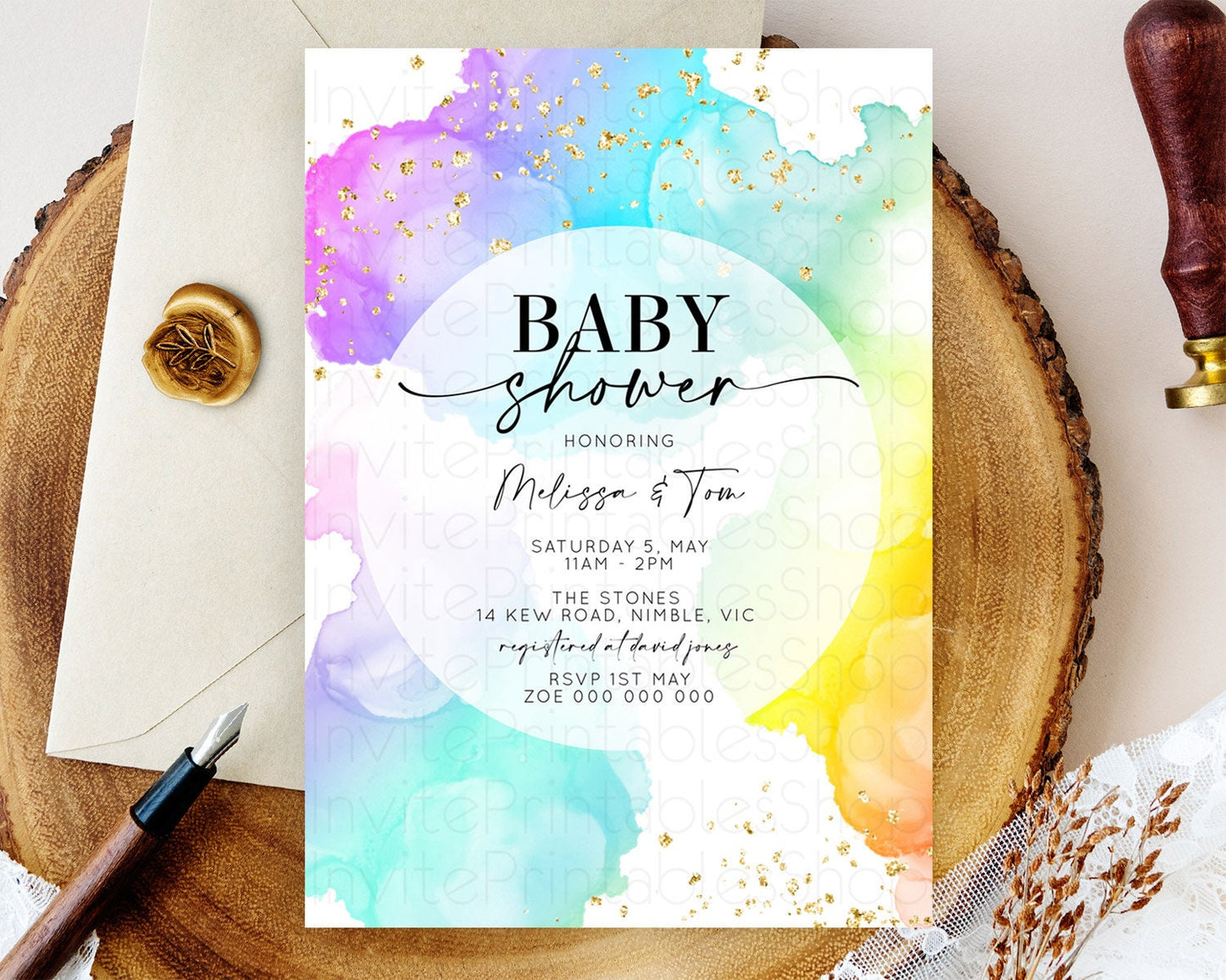 Pastel Baby Shower Invitation Rainbow Baby Shower Invitation Colorful Pastel Watercolor Invitation Gold Glitter Sprinkles Ombre D10213