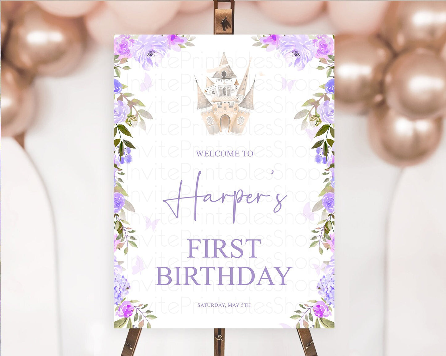 Princess Birthday Welcome Sign Castle Welcome Board Secret Garden Enchanted Castle Pastel Floral Garden First Birthday Welcome Sign D10339
