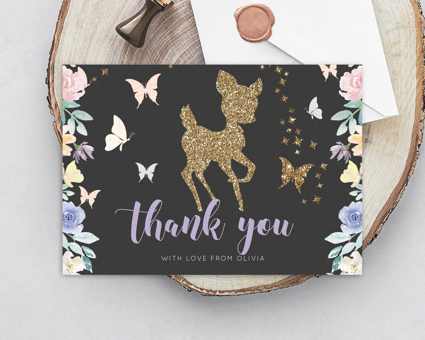 Fawn Thank You Deer Thank You Card Pastel Floral Deer Birthday Thank You Card Enchanted Forest Butterfly Deer Teacher Thank You Card D10880