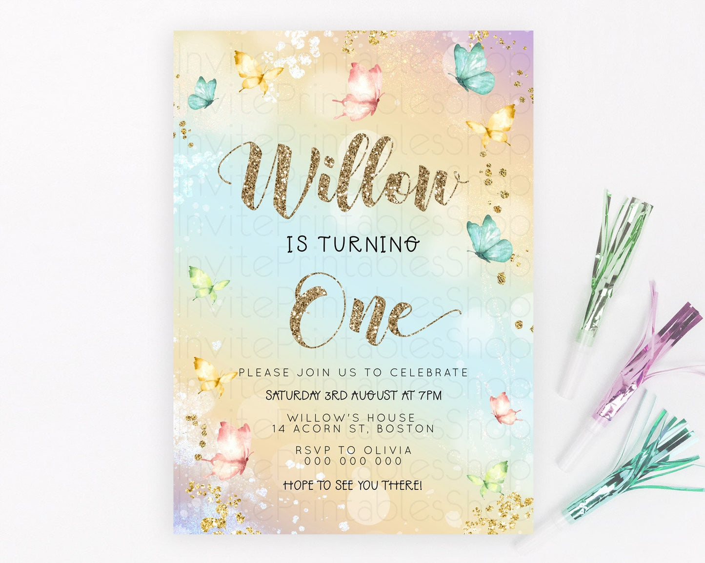 Pastel Butterfly Birthday Invitation Butterfly Birthday Invitation Colorful Splash Glitter Butterfly Garden 1st 2nd Birthday D23087