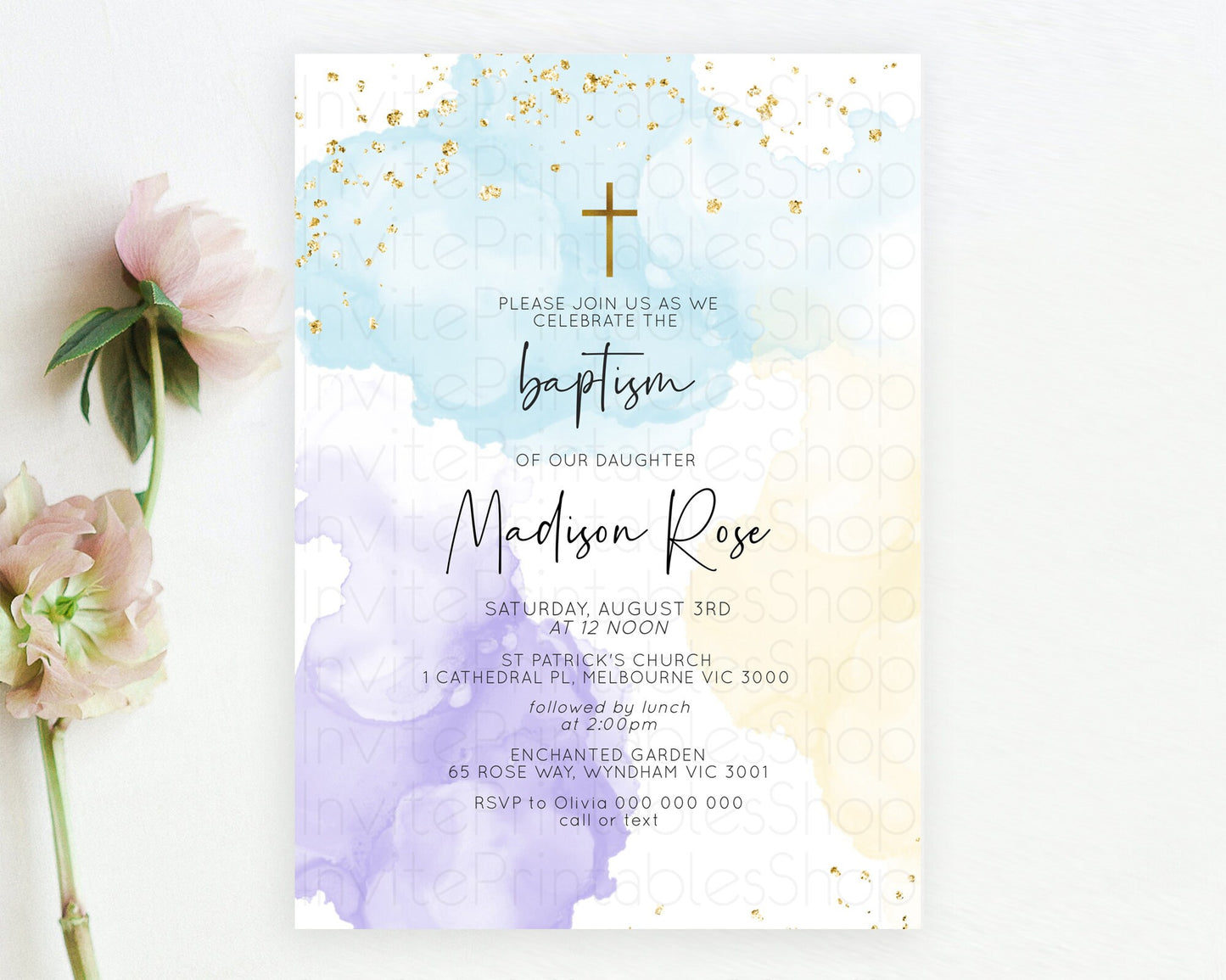 Pastel Baptism Invitation Pastel Colors Watercolor Baptism 1st Birthday Party Gold Ombre Pastel Rainbow Christening Holy Communion D10208