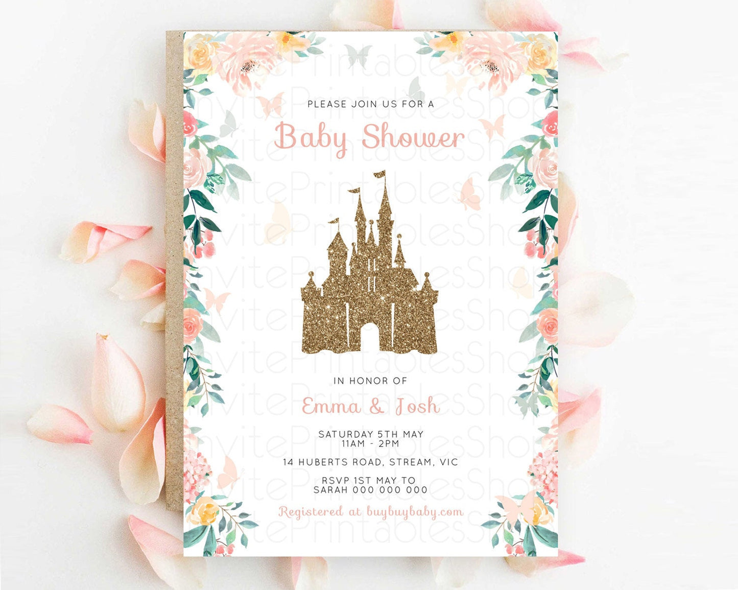 Pastel Princess Baby Shower Invitation Floral Castle Invitation Royal Baby Invite Enchanted Castle Pastel Flower Garden Baby Shower D10429