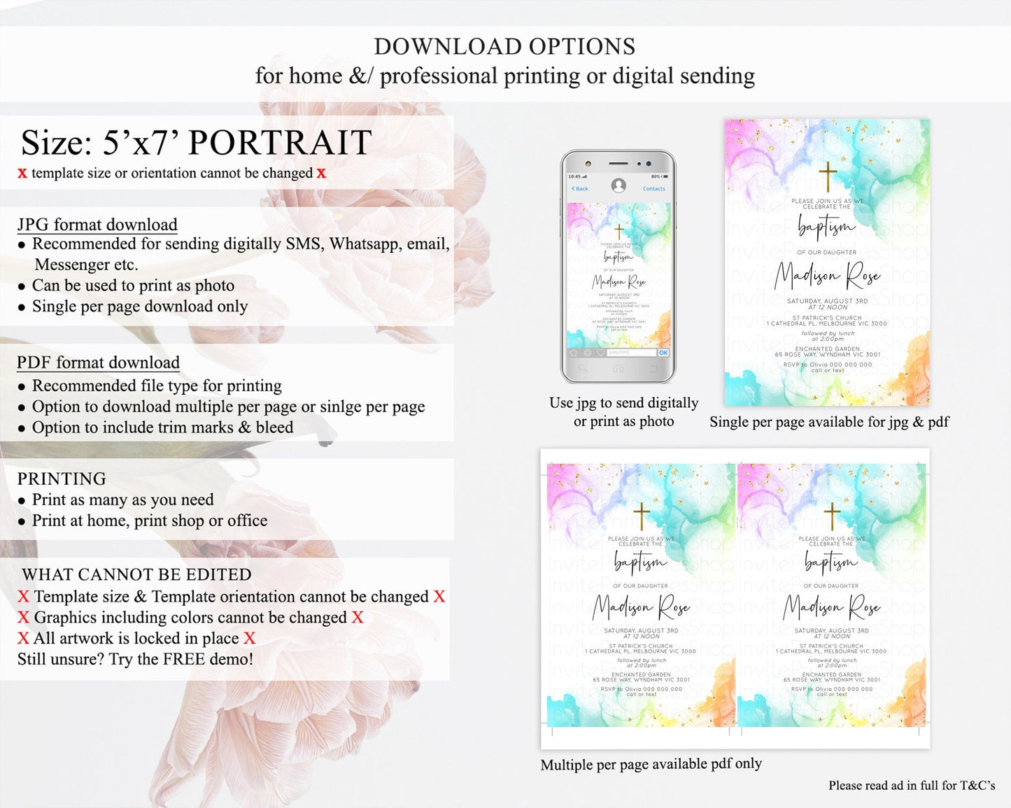Pastel Baptism Invitation Pastel Colors Watercolor Baptism 1st Birthday Party Gold Ombre Pastel Rainbow Christening Holy Communion D10181