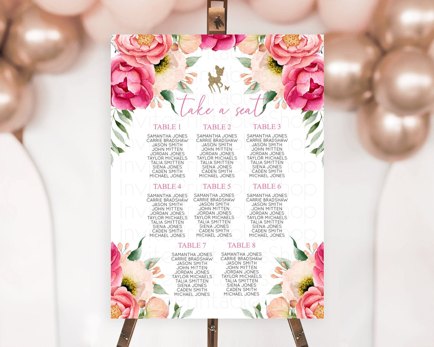 Fawn Seating Chart Deer Seating Chart Enchanted Forest Party Butterfly Pastel Flowers Whimsical Seating Chart Woodland Seating Sign D10326