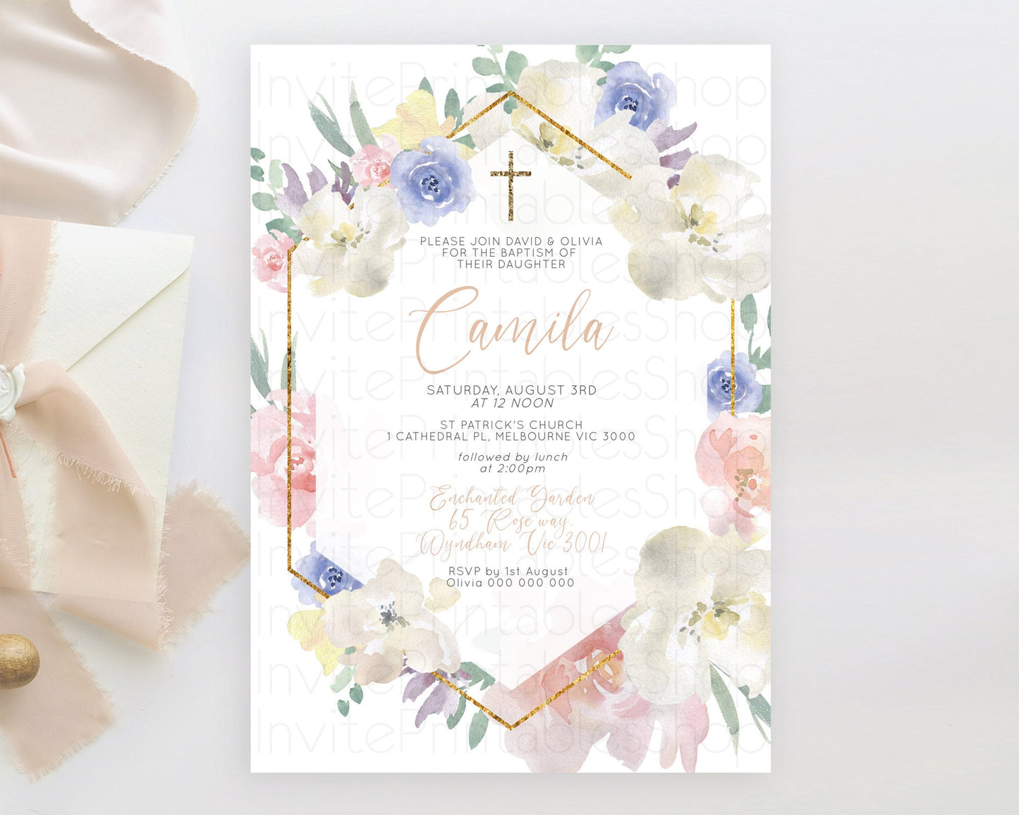 Secret Garden Baptism Invitation Wildflower Baptism Birthday Invite Pastel Flowers Christening Invite Enchanted Garden Boho Floral  D10254