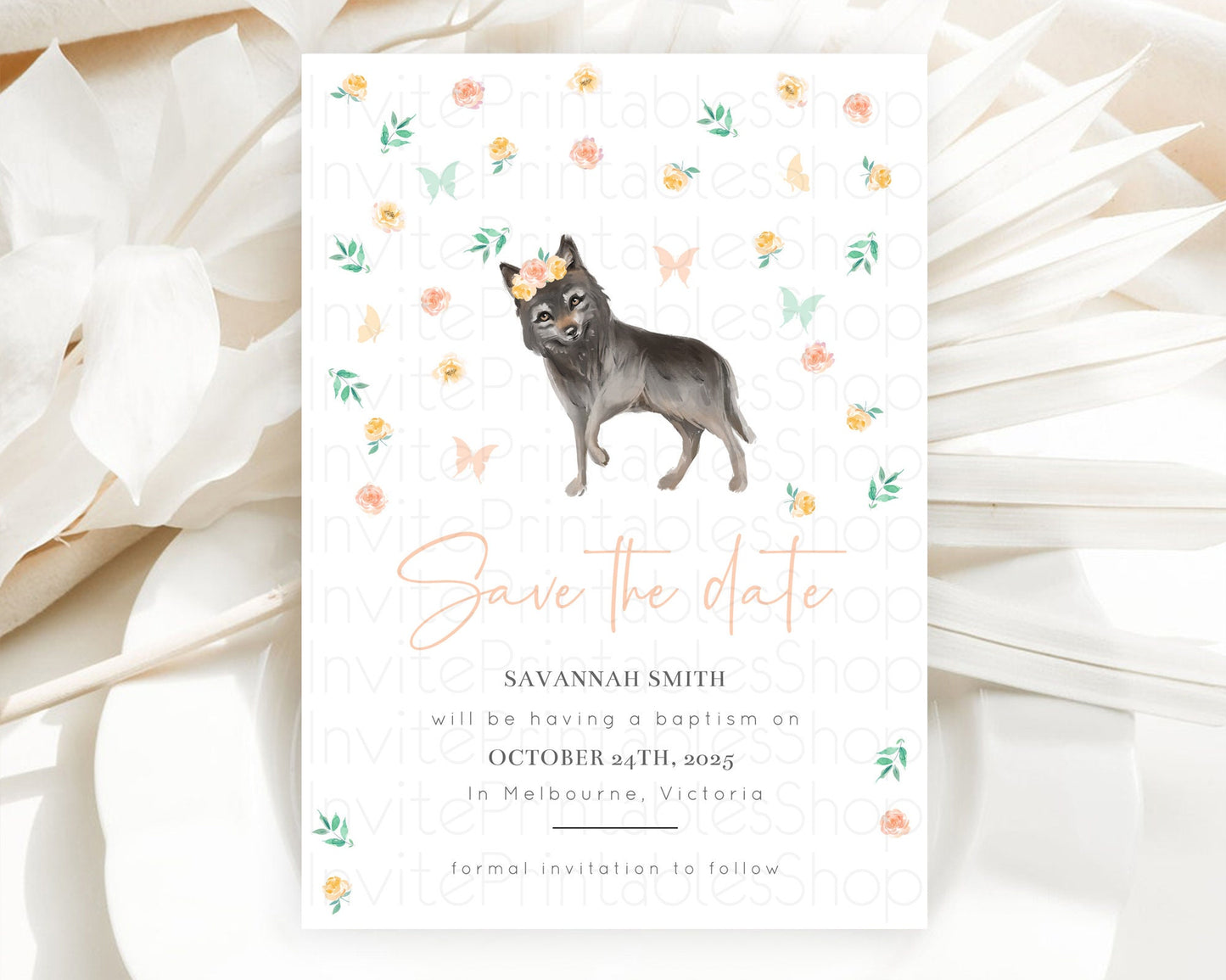 Wolf Save The Date Template Pastel Floral Wolf Party Forest Adventure Wilderness Theme 1st Birthday Baptism Christening Baby Shower D10362