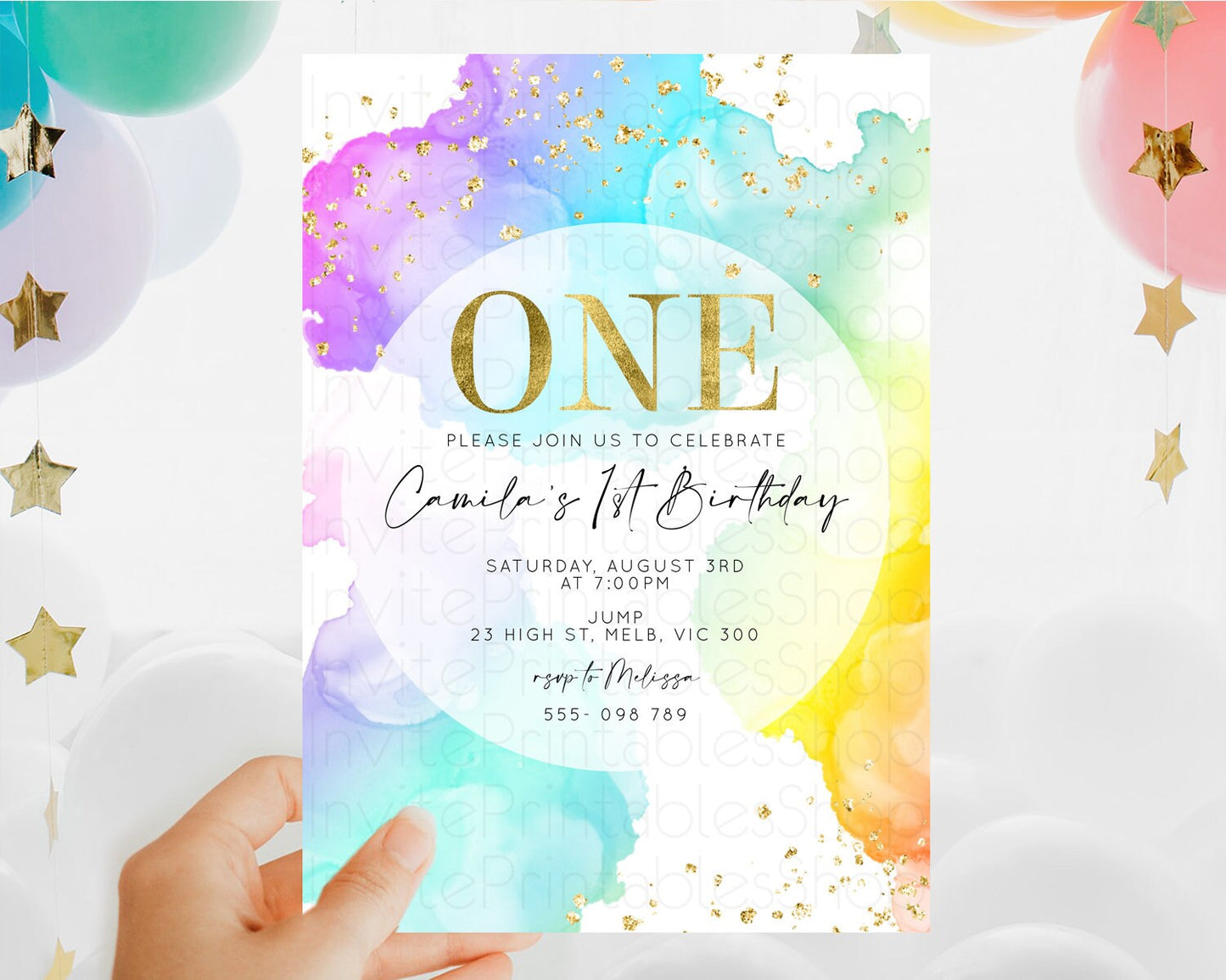 Rainbow Birthday Invitation Colorful Pastel Watercolor Invitation Gold Glitter Sprinkles Ombre Pastel 1st 2nd 3rd Birthday D10213