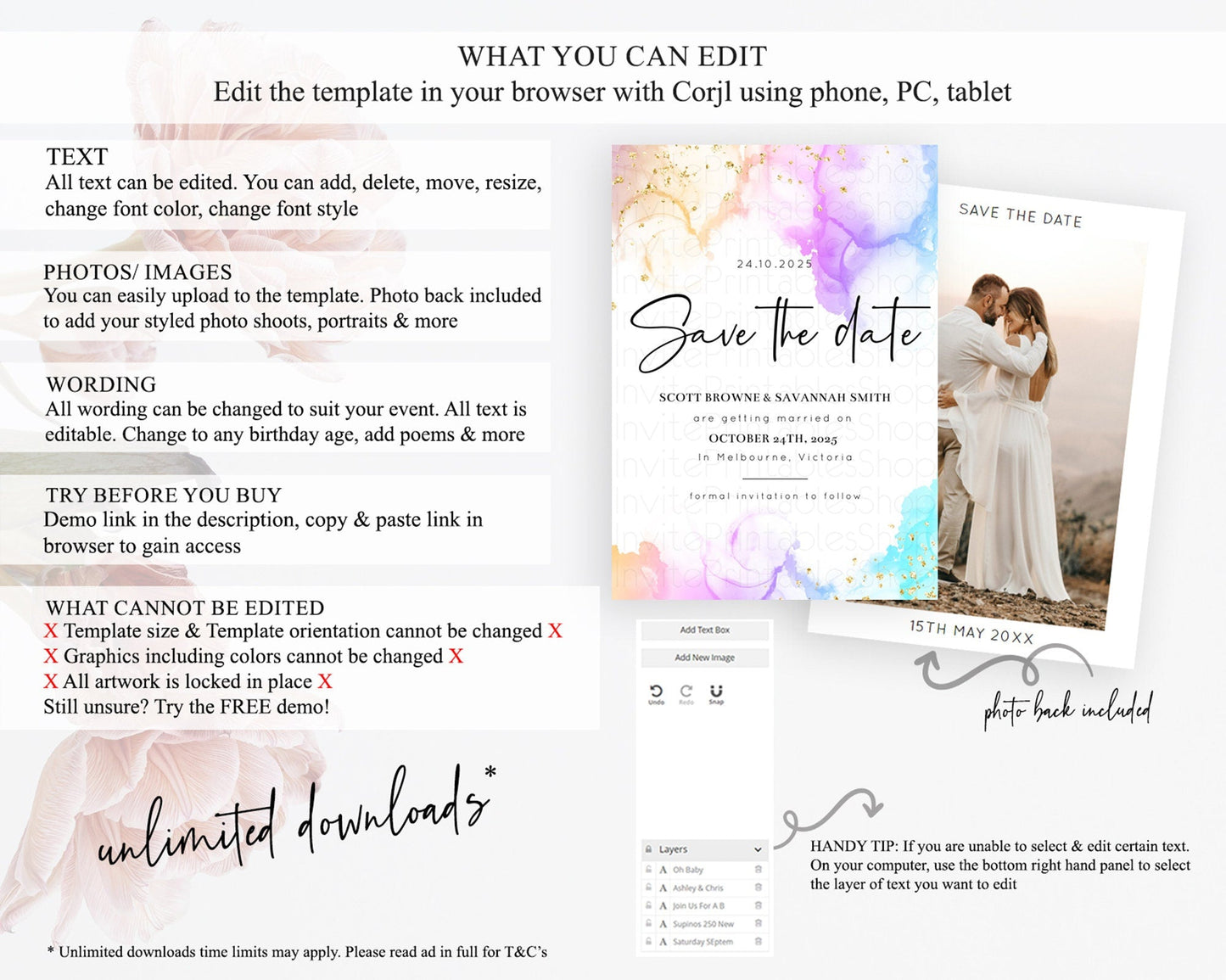 Pastel Save The Date Template Pastel Ombre Rainbow Watercolor Colorful Party For Birthday Baptism Baby Shower Wedding Bridal Shower D10180