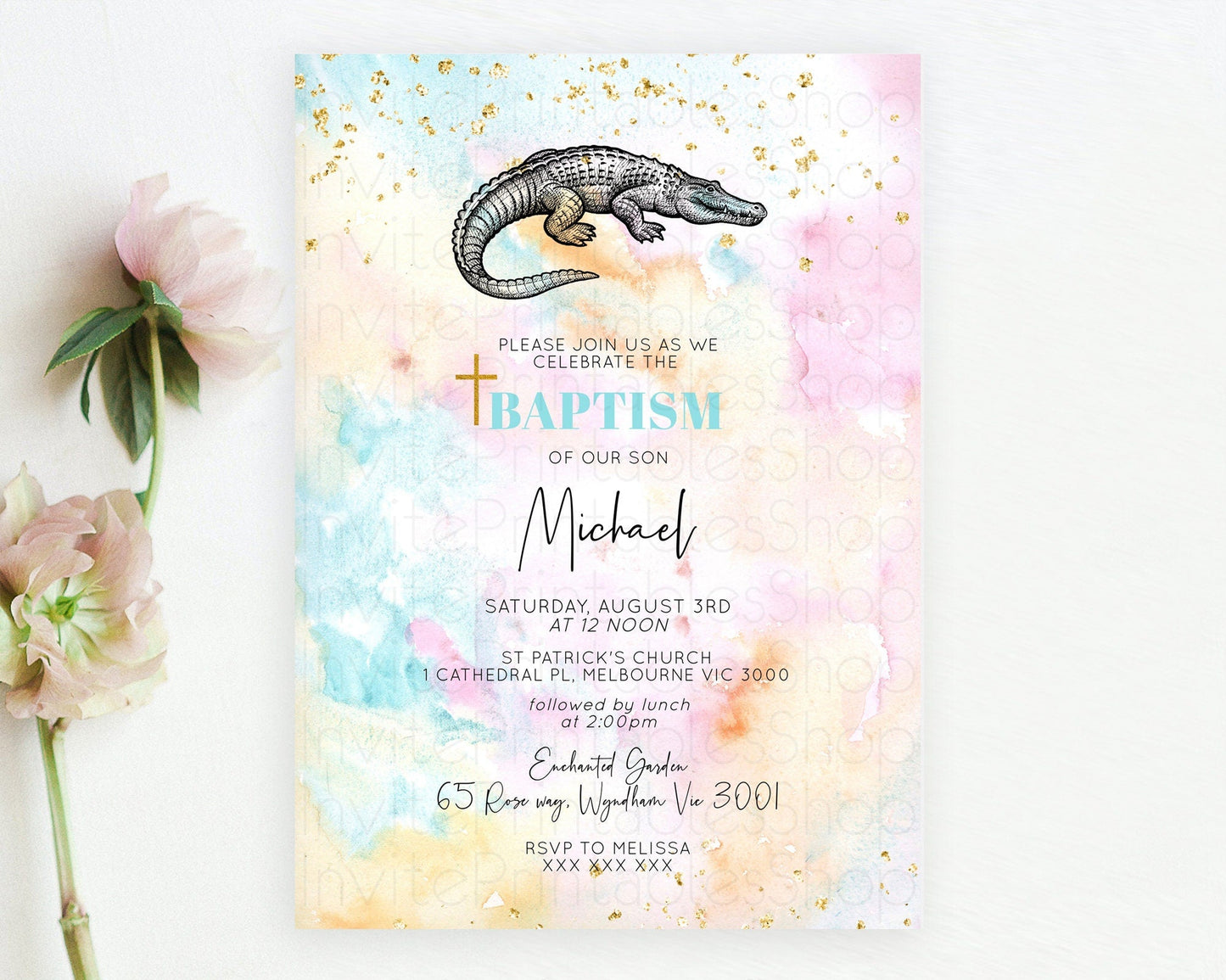 Crocodile Baptism Invitation Alligator Baptism 1st Birthday Invitation Pastel Watercolor Alligator Crocodile Christening Invitation D10285