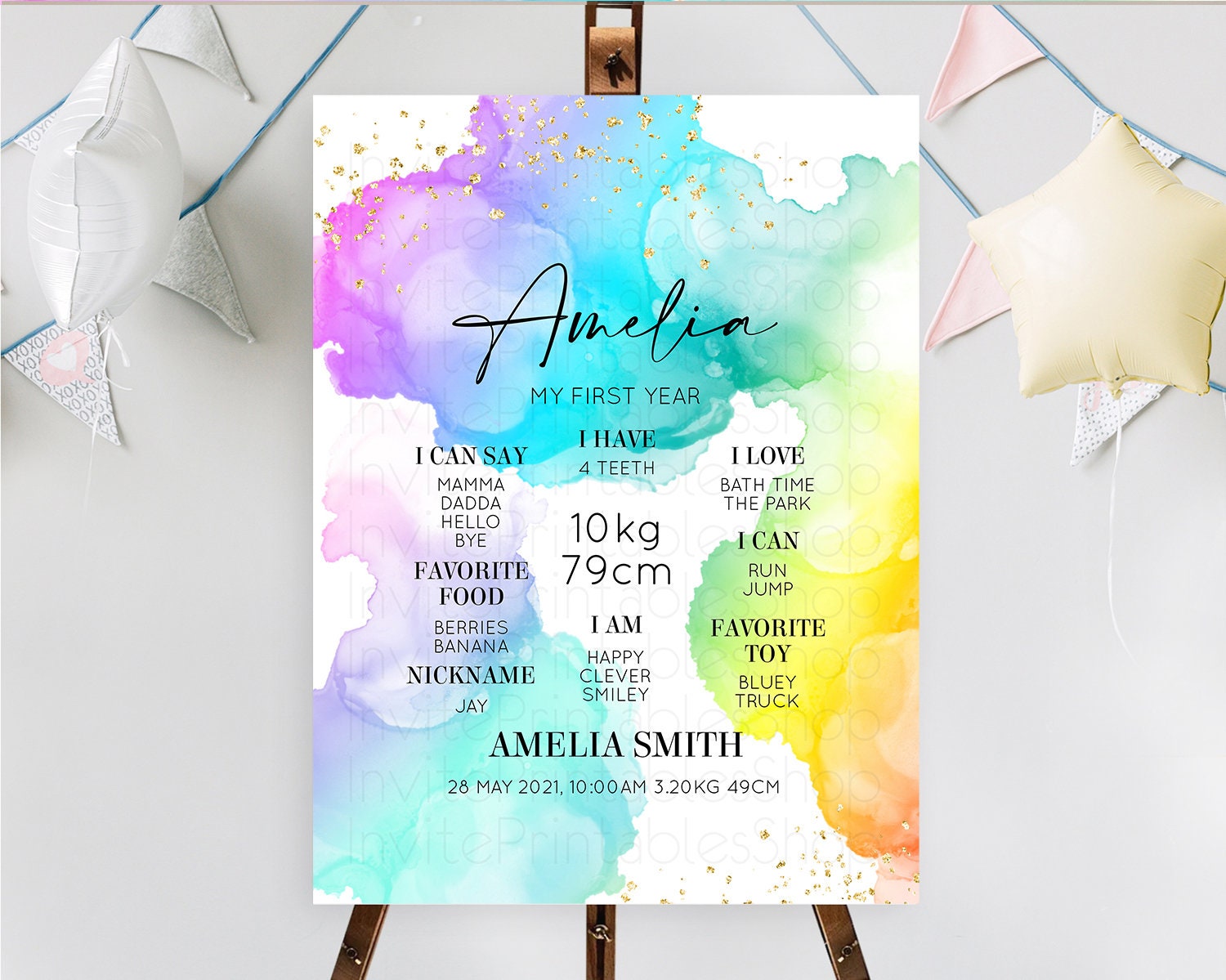 Editable Pastel First Birthday Milestone Board Pastel Rainbow Milestone Post