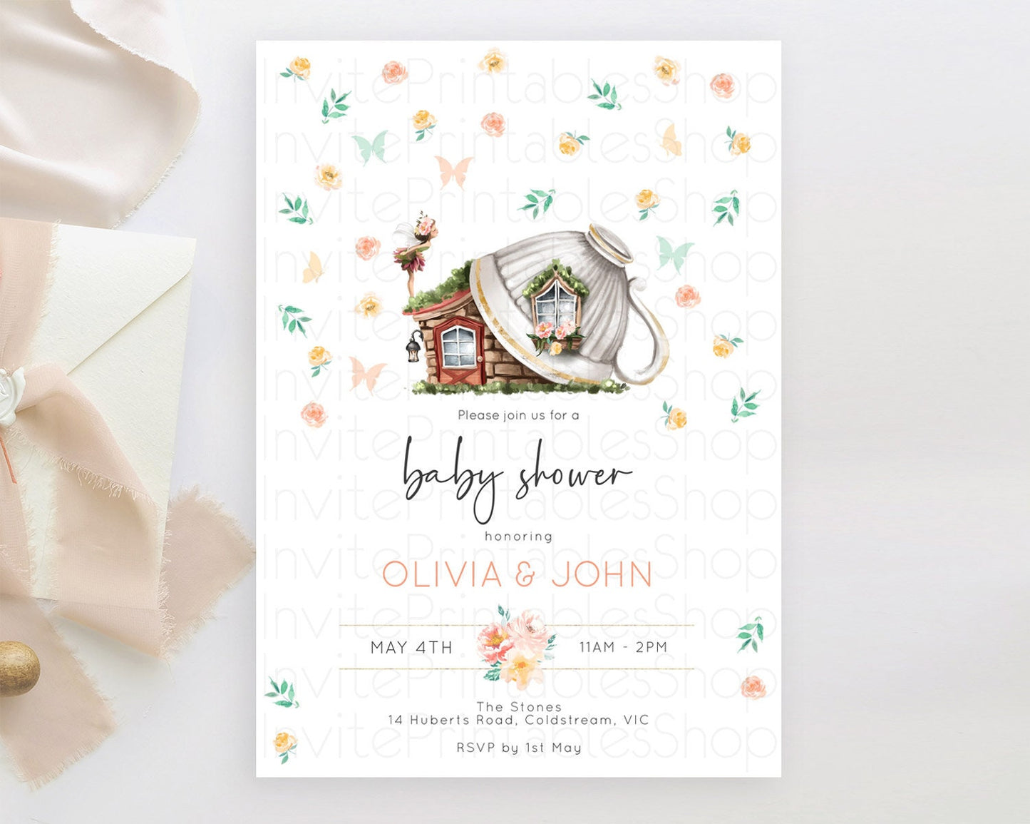 Fairy Baby Shower Invitation Pastel Fairy Invites Fairy Tea Party Fairy Garden Theme Secret Garden Enchanted Garden Floral Butterfly D10383