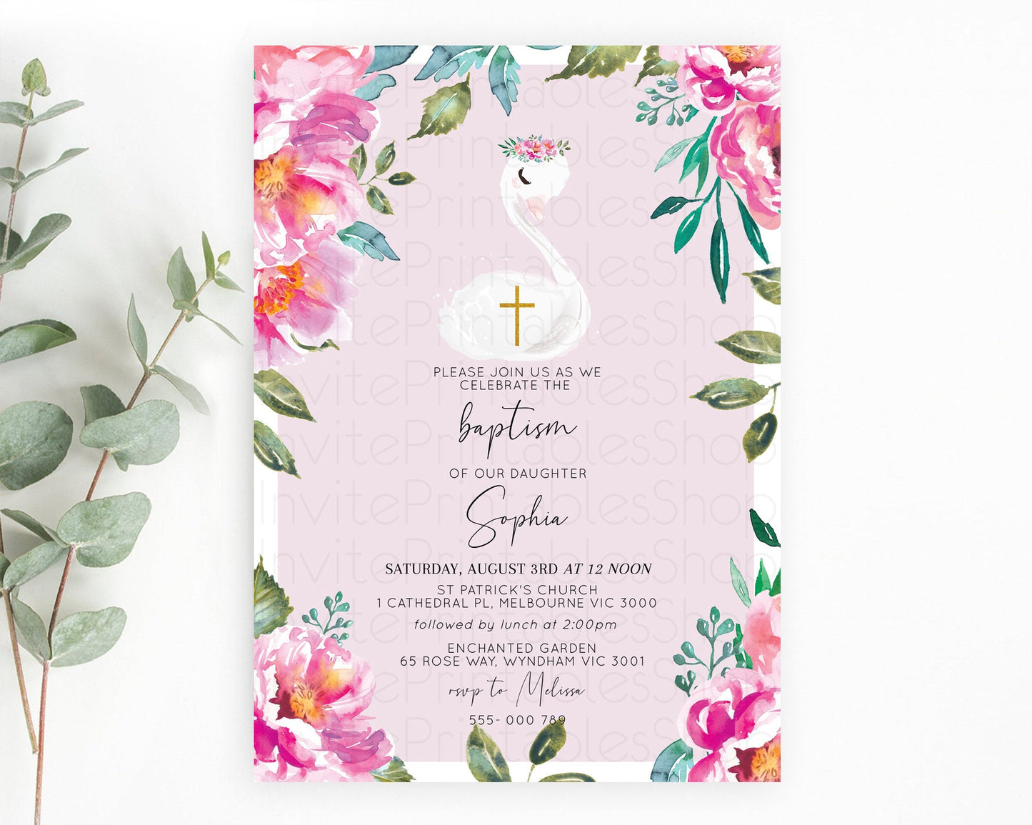 Swan Lake Baptism Invitation Swan Princess Ballet Baptism 1st Birthday Enchanted Forest Secret Garden Watercolour Pastel Floral D10757