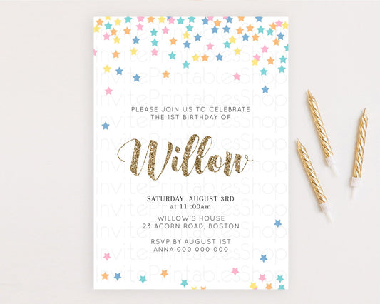 Star Birthday Invitation Pastel Stars Invite Shooting Star Party Rainbow Colorful Confetti Twinkle Little Star 2nd First Birthday D10298