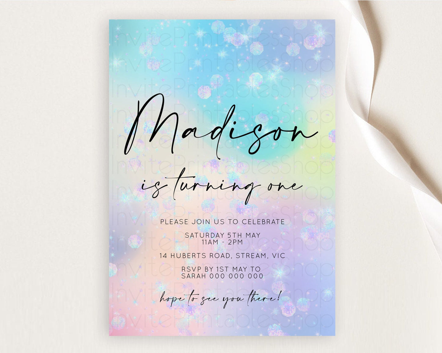 Rainbow Birthday Invitation Colorful Pastel Watercolor Iridescent Glitter Sprinkles Ombre Pastel Invitation 1st 2nd First Birthday D10665