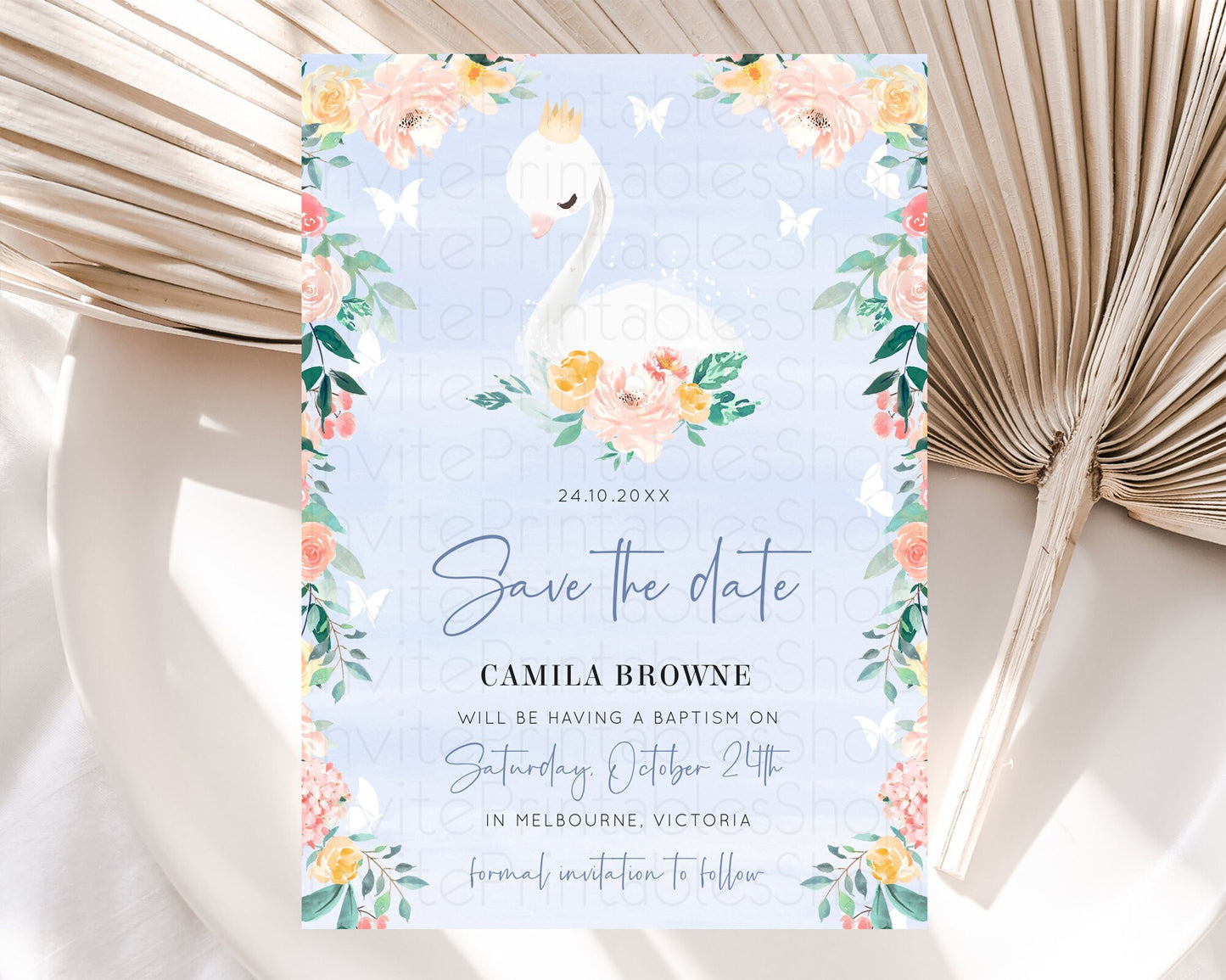 Swan Save The Date Template Swan Princess Ballet Party Enchanted Swan Lake Secret Garden Pastel Floral Birthday Baptism Baby Shower  D10885