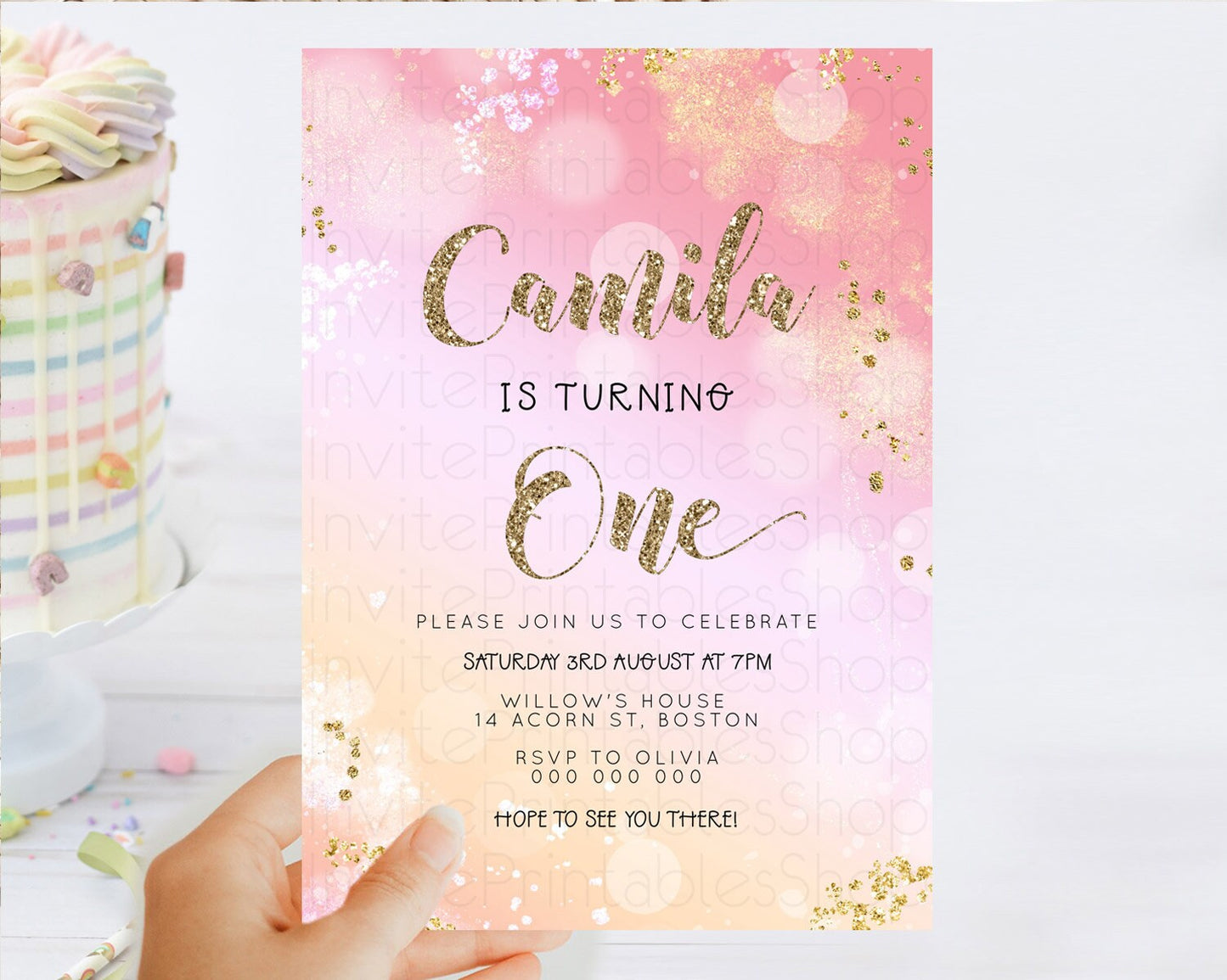 Rainbow Birthday Invitation Colorful Pastel Watercolor Invitation Gold Glitter Sprinkles Ombre Pastel 1st 2nd 3rd Birthday D23113