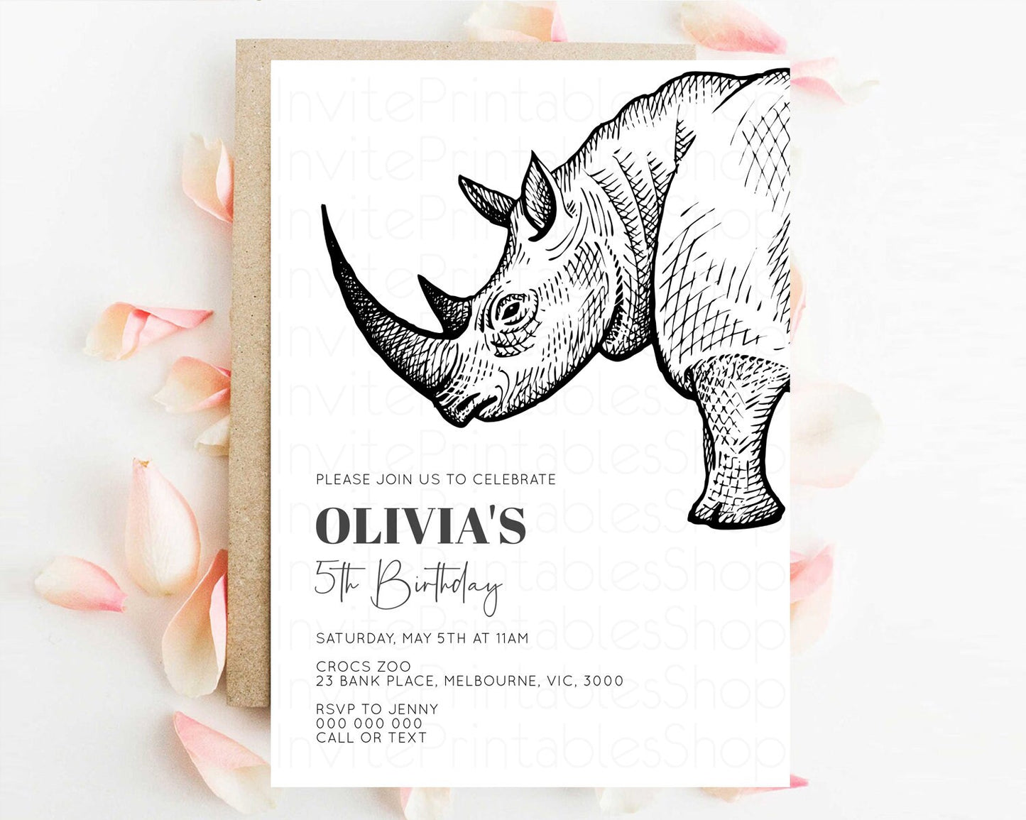 Rhinoceros Birthday Invitation Rhinoceros Invite Jungle Safari invite Watercolor Tropical Palm Adventure Zoo Party Wild Rhino Party t269