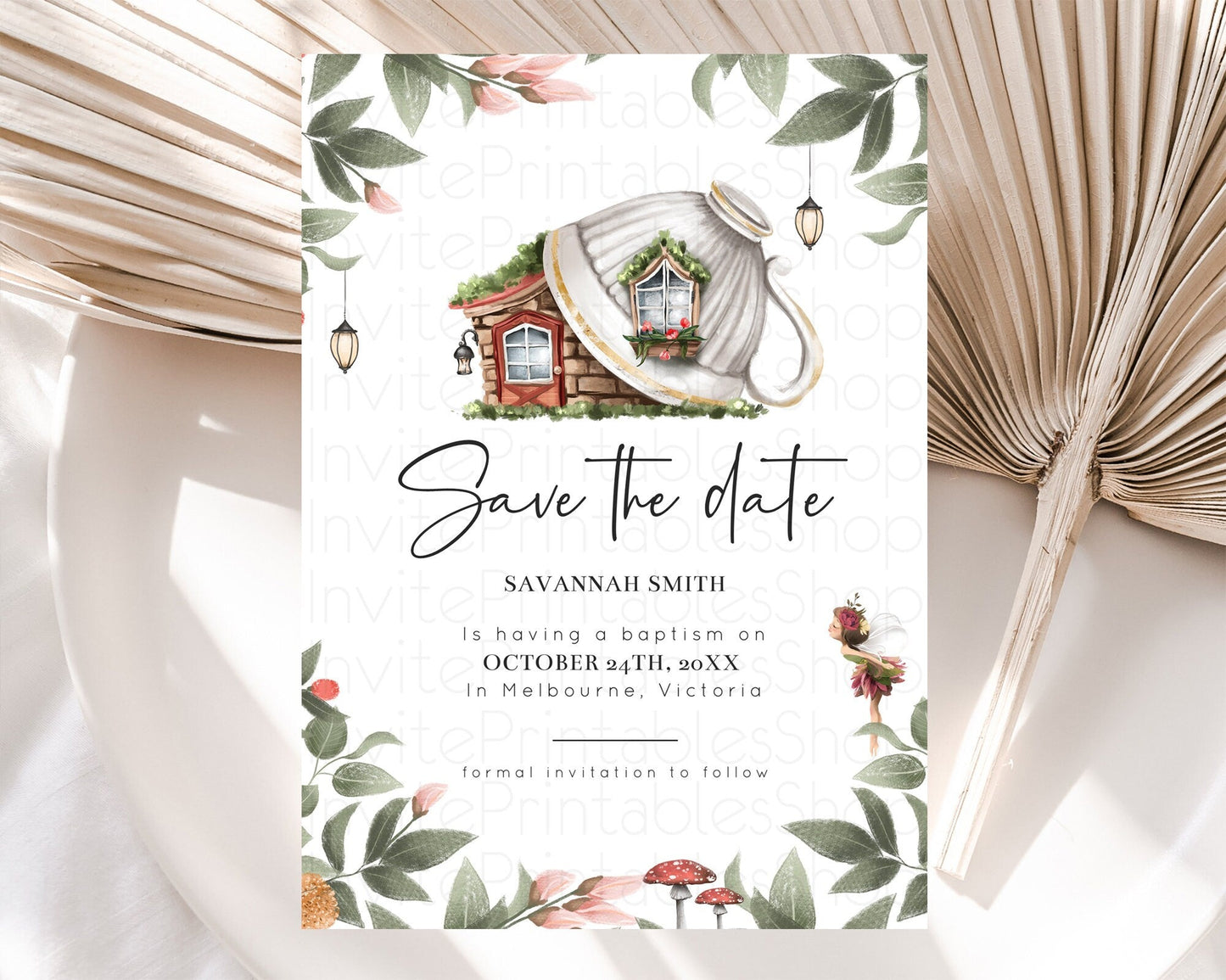 Fairy Save The Date Template Enchanted Garden Pastel Floral Butterfly Party Secret Garden Birthday Baptism Baby Shower Bridal Shower D10851