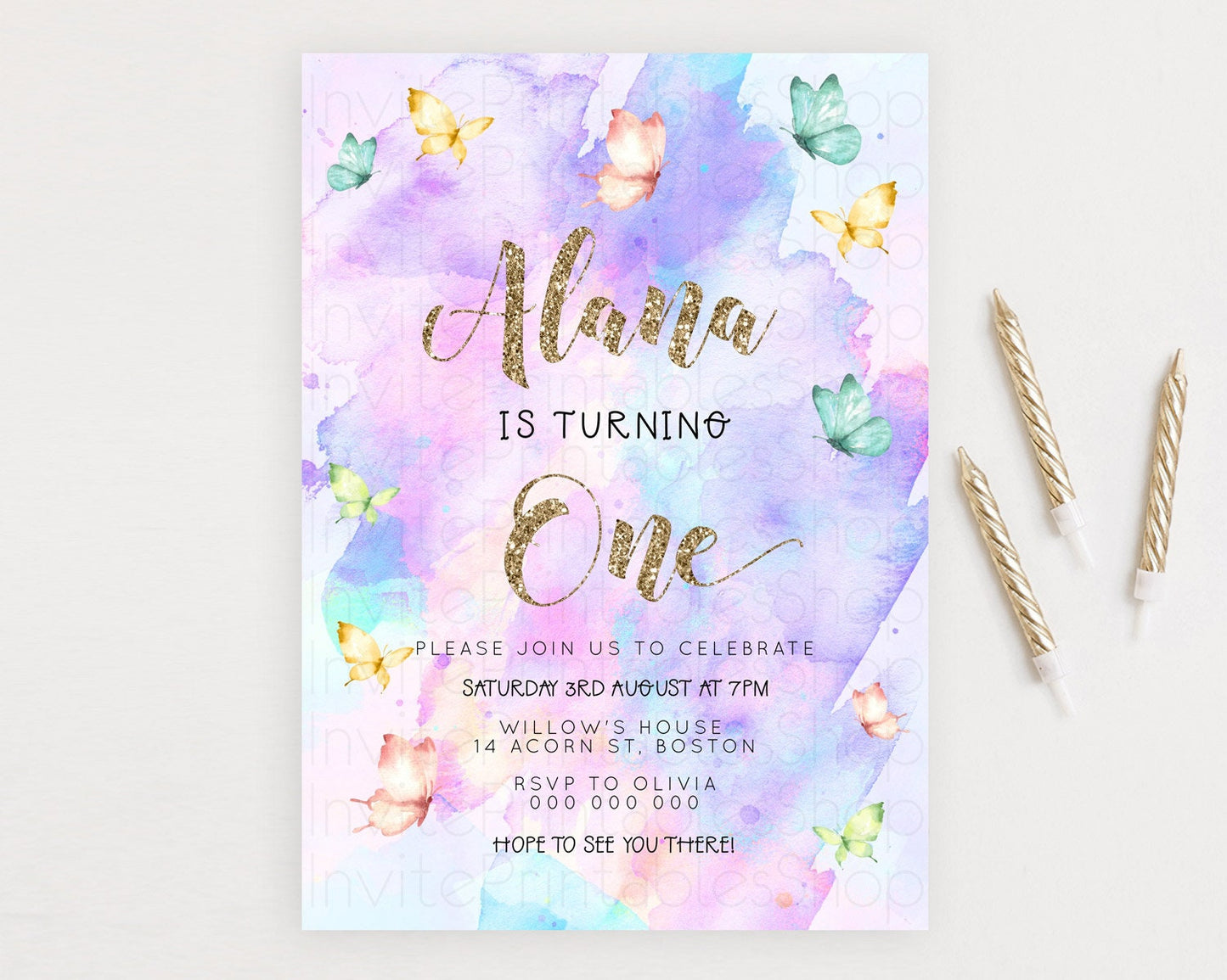Pastel Butterfly Birthday Invitation Butterfly Birthday Invitation Colorful Splash Glitter Butterfly Garden 1st 2nd Birthday D23252