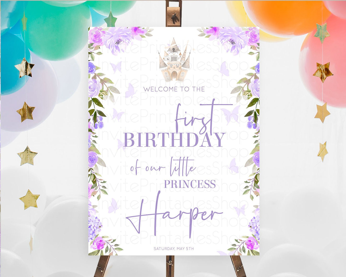 Princess Birthday Welcome Sign Castle Welcome Board Secret Garden Enchanted Castle Pastel Floral Garden First Birthday Welcome Sign D10339