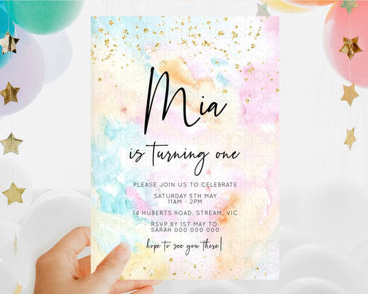 Rainbow Birthday Invitation Colorful Pastel Watercolor Invitation Gold Glitter Sprinkles Ombre Pastel 1st 2nd 3rd Birthday D10548