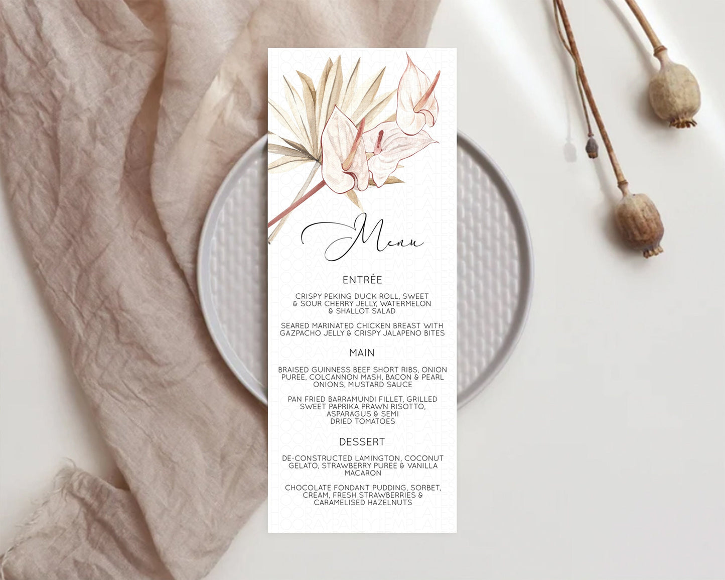 Tropical Menu Template Tropical Menu Palm Leaf Fern Table Decor Frangipani Floral White Orchid Dinner Dessert Menu Party Food Menu D11039