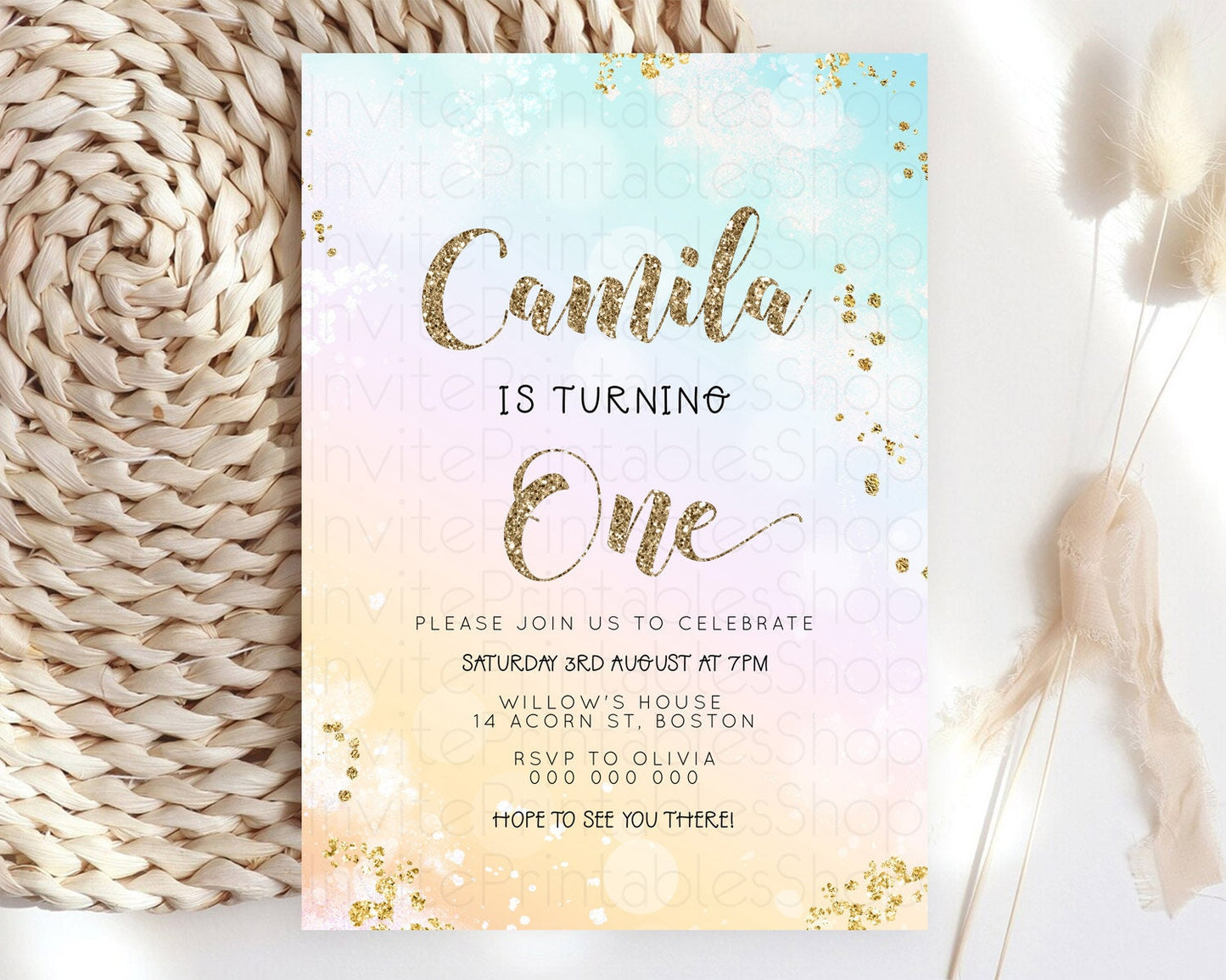 Rainbow Birthday Invitation Colorful Pastel Watercolor Invitation Gold Glitter Sprinkles Ombre Pastel 1st 2nd 3rd Birthday D23116