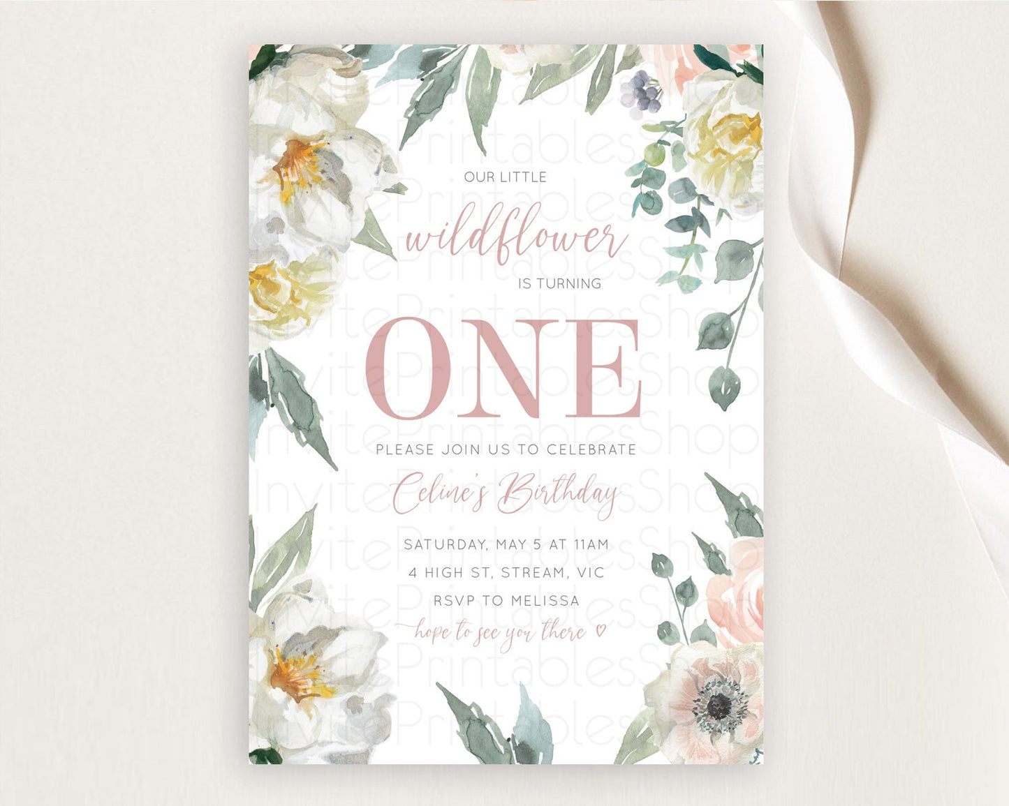 Secret Garden Invitation Wildflower Birthday Invite Pastel White Flowers Invite Enchanted Garden Boho Floral 3rd 2nd First Birthday D10121