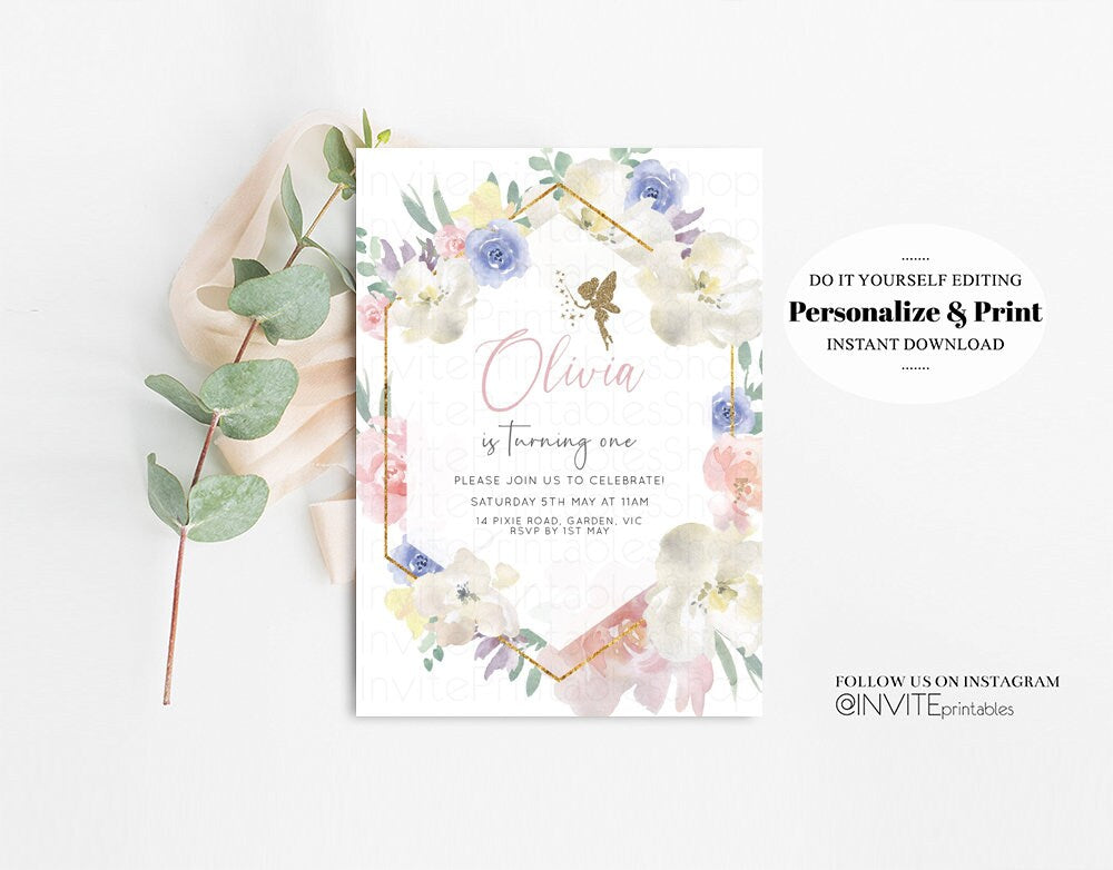 Fairy Birthday Invitation Enchanted Garden Fairytale Watercolor Glitter Floral Pastel Pink Blue Yellow Flowers Template