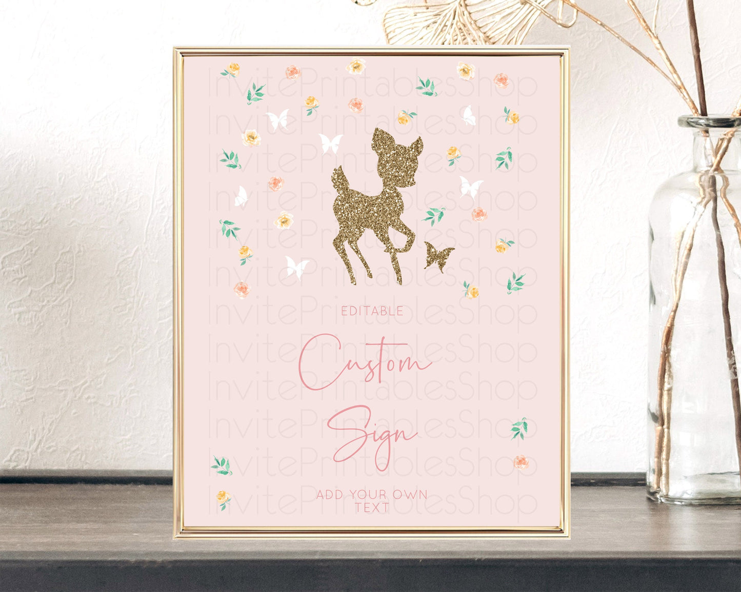 Fawn Deer Sign Pastel Floral Deer Table Sign Decor  Enchanted Forest Butterfly Party 1st Birthday Baptism Baby Shower Bridal Shower D10386