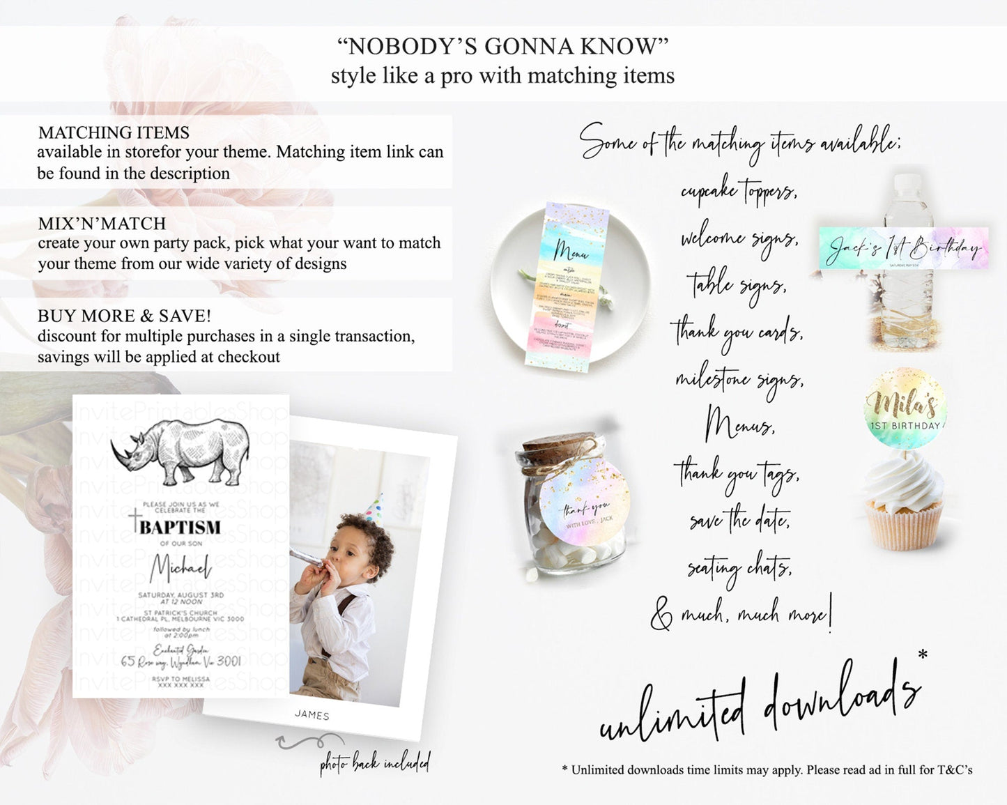 Rhino Baptism Invitation Rhino Baptism 1st Birthday Invitation Rhino Safari Adventure Christening Invitation Palm Leaf Invite Zoo D10253