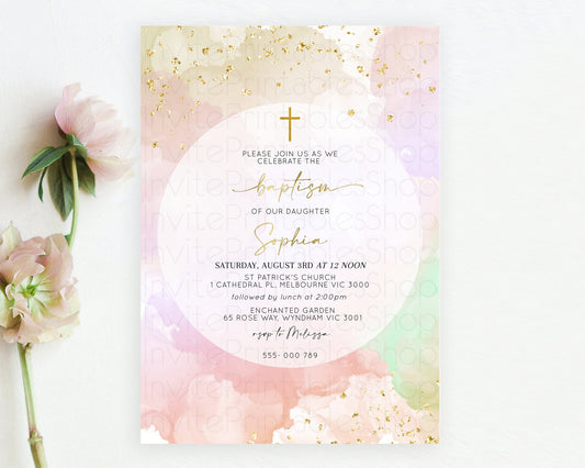 Editable Pastel Baptism Invitation Pastel Colors Watercolor Baptism 1st Birt
