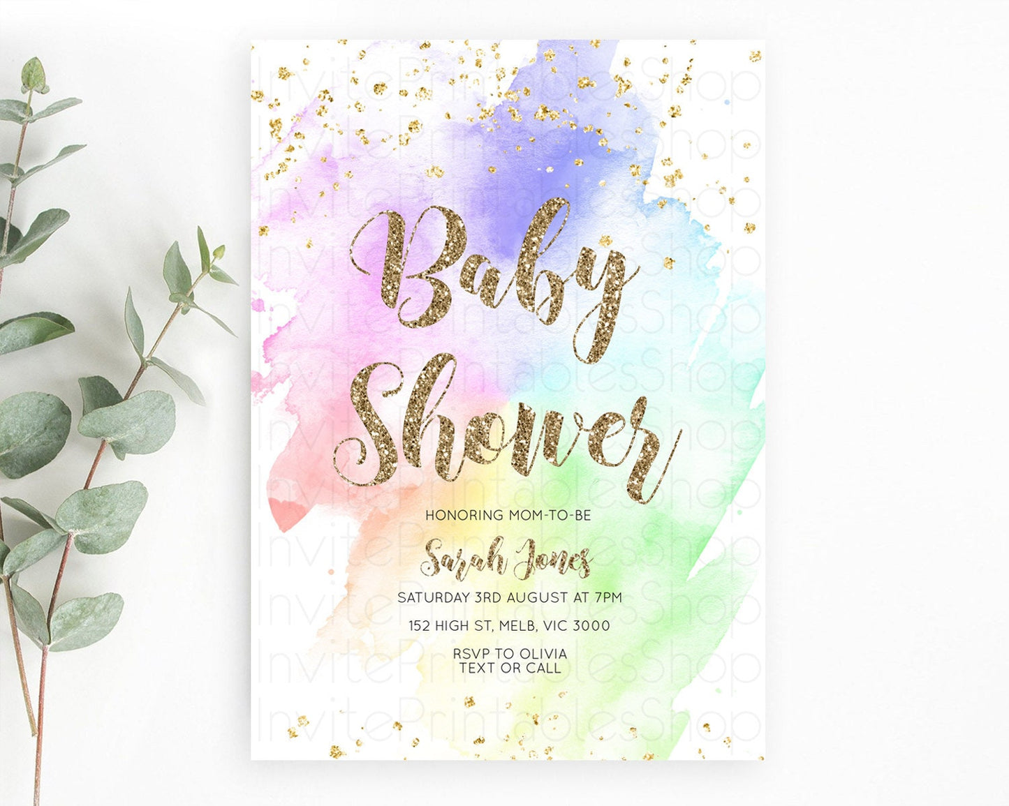 Pastel Rainbow Baby Shower Invitation, Colorful Watercolor Splash, Gold Glitter Confetti Sprinkles, Ombre Purple, Yellow, Green, Pink D10319
