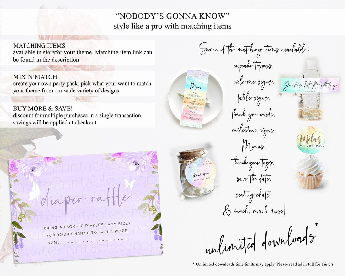 Secret Garden Diaper Raffle Card Boho Wildflower Diaper Raffle Insert Pastel Flower Garden Baby Shower Card Flower Raffle Game D10719