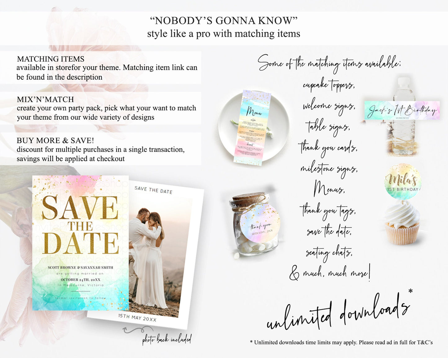 Pastel Save The Date Template Pastel Ombre Rainbow Watercolor Colorful Party For Birthday Baptism Baby Shower Wedding Bridal Shower D10770