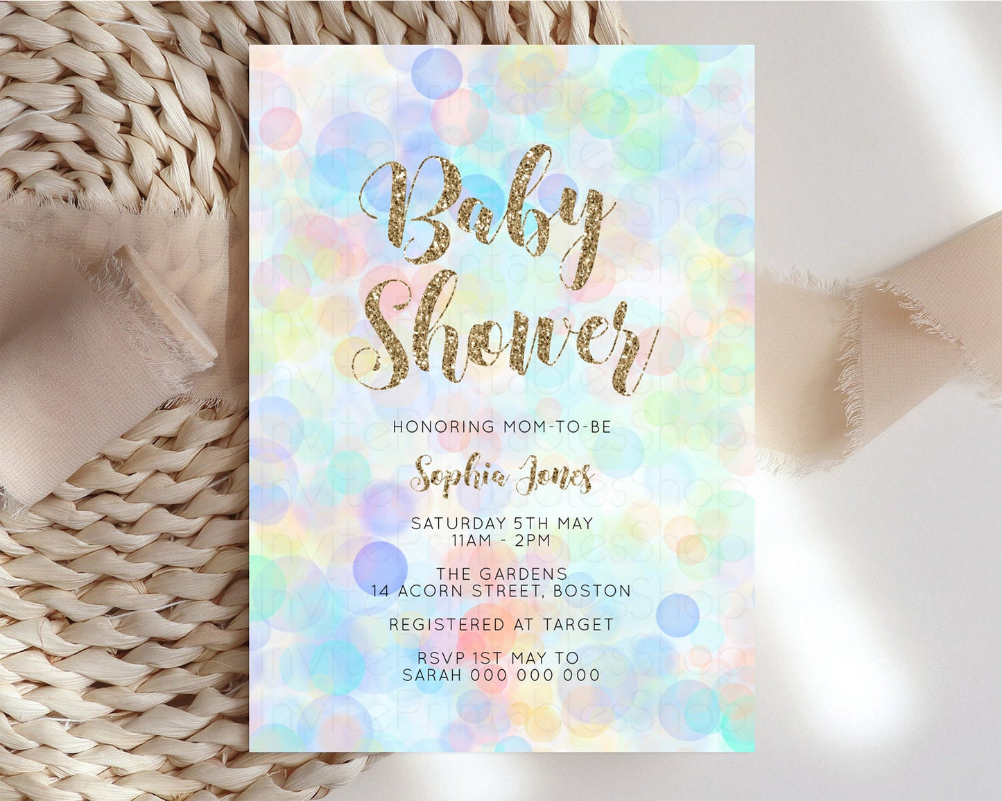 Rainbow Baby Shower Invitation Pastel Invite Colorful POP Invitation Confetti Sprinkles Invite Oh Baby Glitter Blue Pink Yellow Green G500