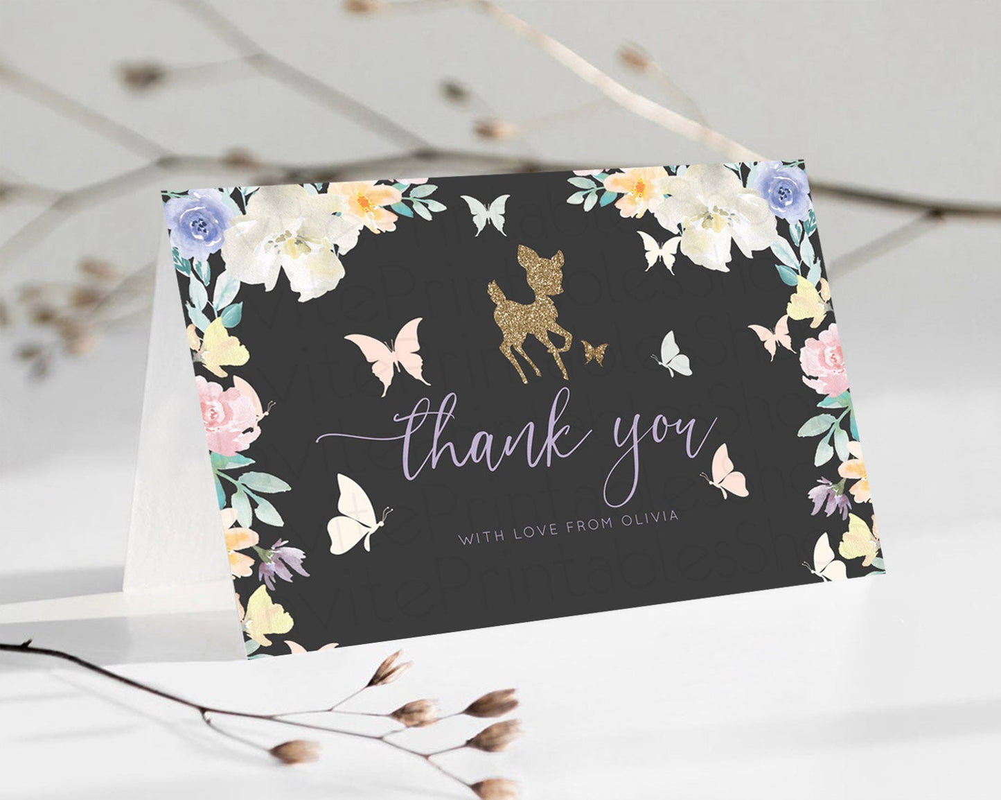 Fawn Thank You Deer Thank You Card Pastel Floral Deer Birthday Thank You Card Enchanted Forest Butterfly Deer Teacher Thank You Card D10323