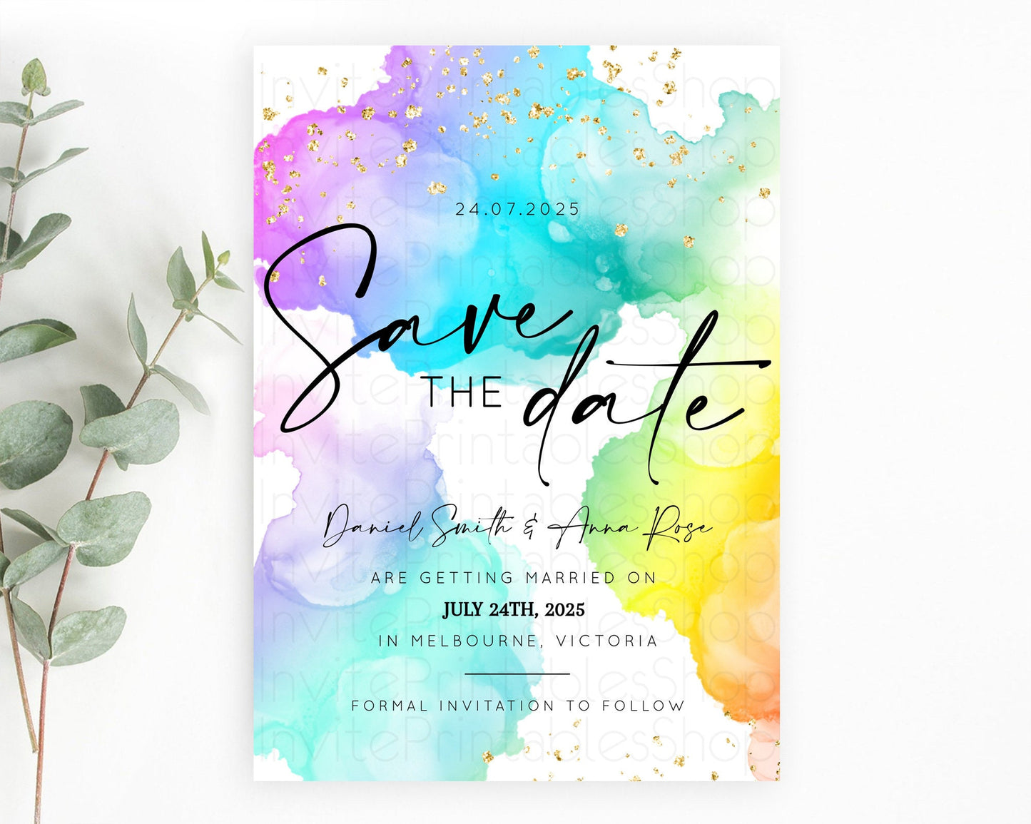 Pastel Save The Date Template Pastel Ombre Rainbow Watercolor Colorful Party For Birthday Baptism Baby Shower Wedding Bridal Shower D10213