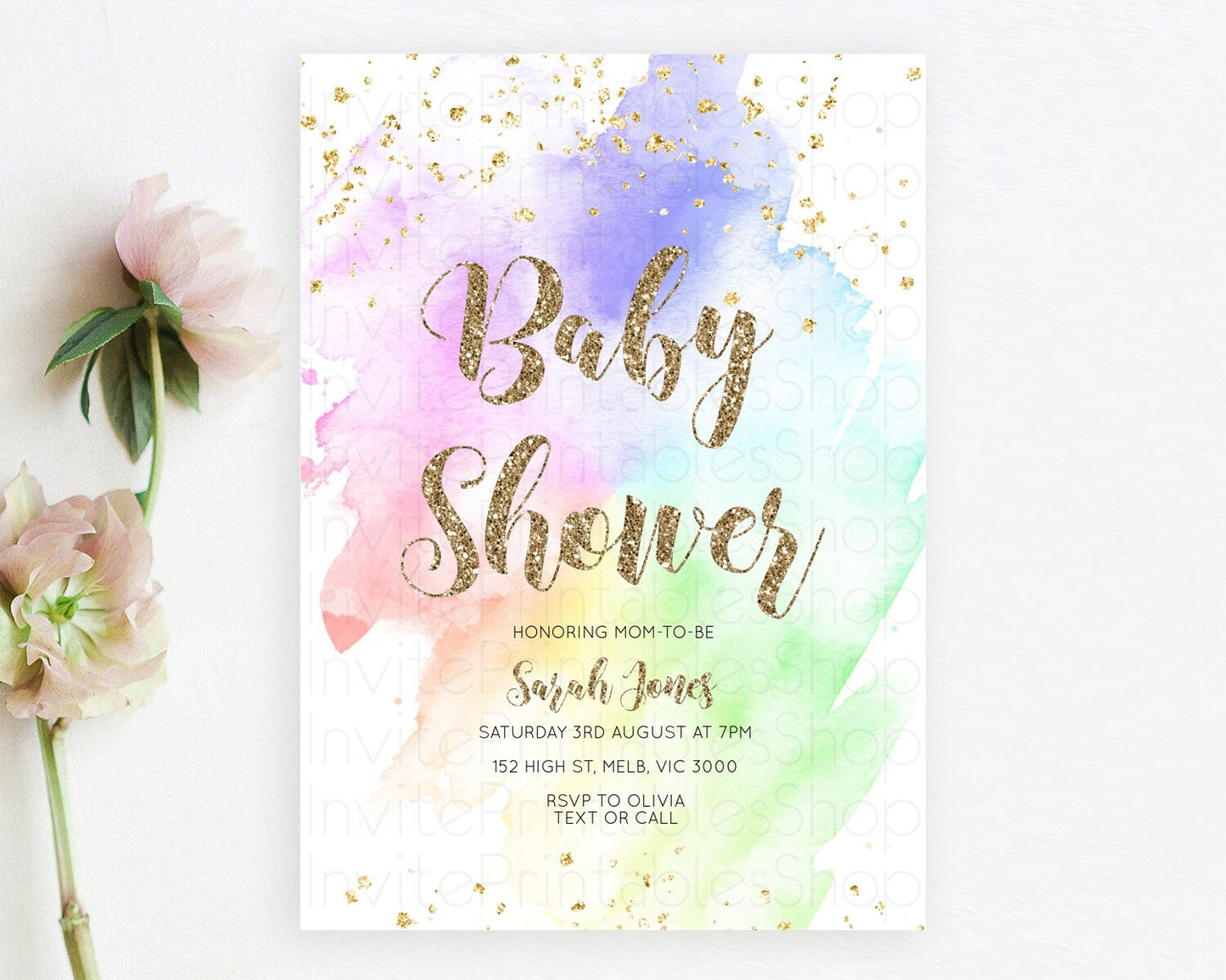 Pastel Rainbow Baby Shower Invitation, Colorful Watercolor Splash, Gold Glitter Confetti Sprinkles, Ombre Purple, Yellow, Green, Pink D10319