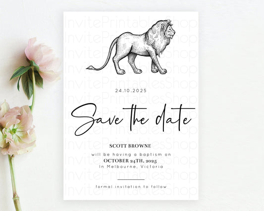 Lion Save The Date Template Lion Safari Adventure Party Dried Palm Ferns Zoo 1st Birthday Baptism Baby Shower Bridal Shower Wedding D10246