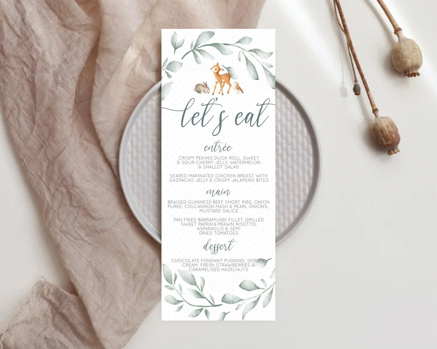 Fawn Menu Deer Menu Template Pastel Floral Deer Table Decor Enchanted Forest Butterfly Floral Dinner Dessert Menu Party Food Menu D10872