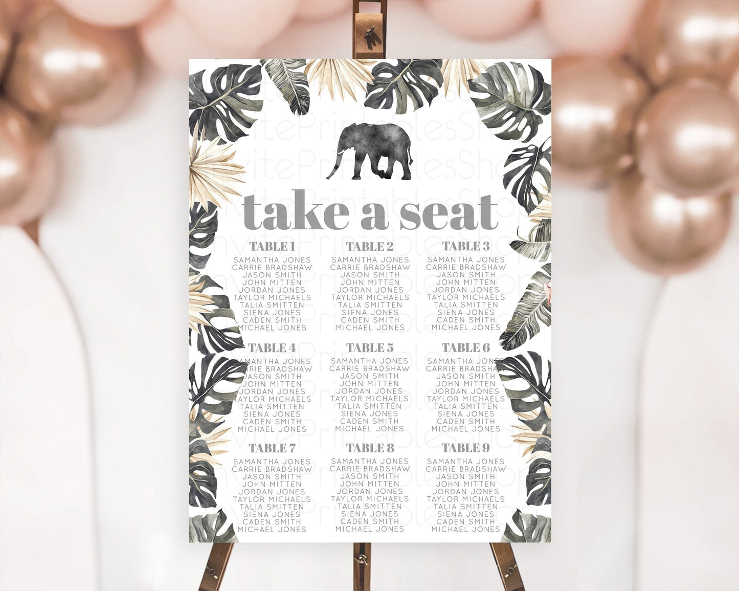 Elephant Seating Chart Elephant Seating Sign Elephant Party Safari Adventure Elephant Take A Seat Elephant Décor Zoo Fern Palm Leaf D10803