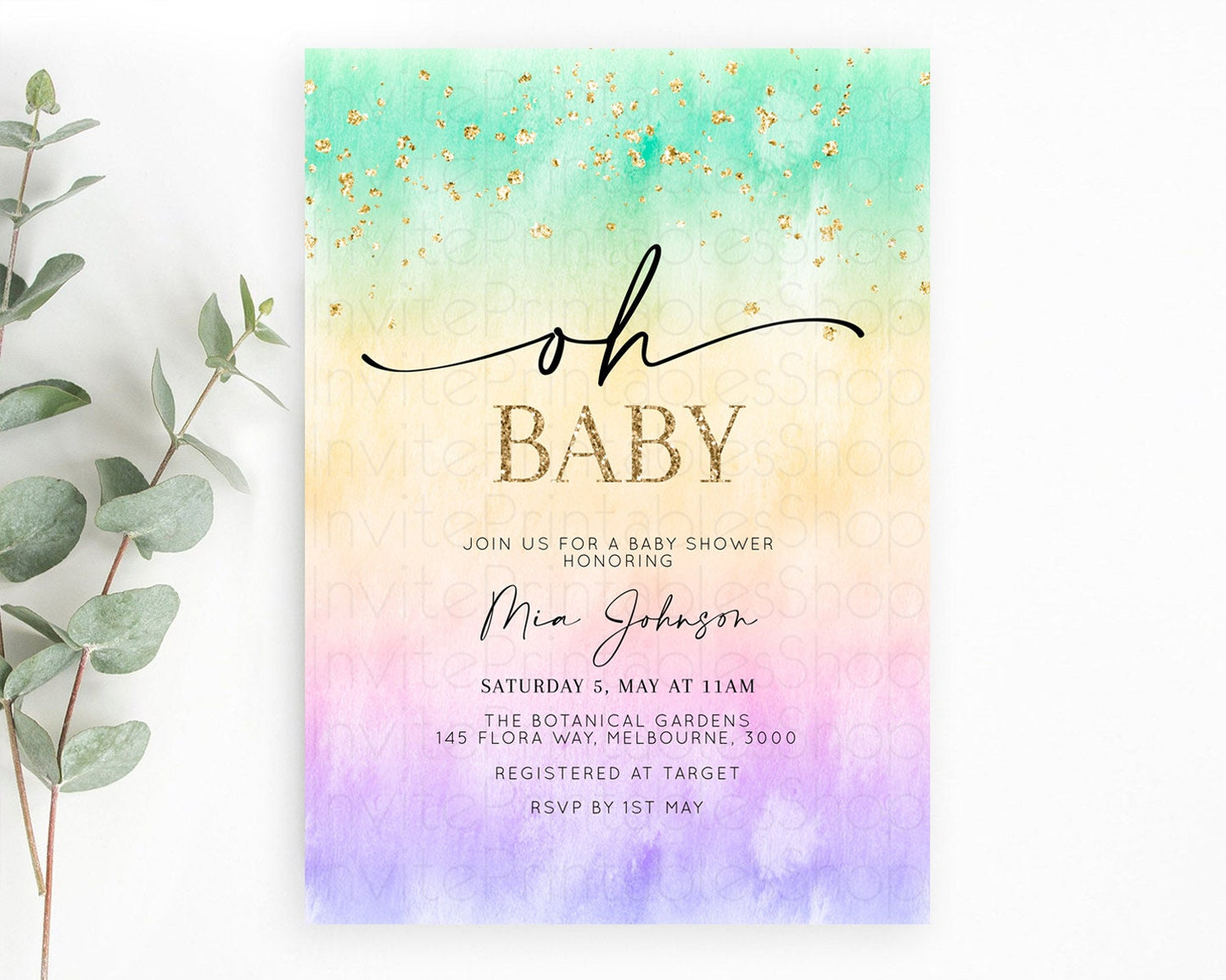 Pastel Baby Shower Invitation Rainbow Baby Shower Invitation Colorful Pastel Watercolor Invitation Gold Glitter Sprinkles Ombre D10481